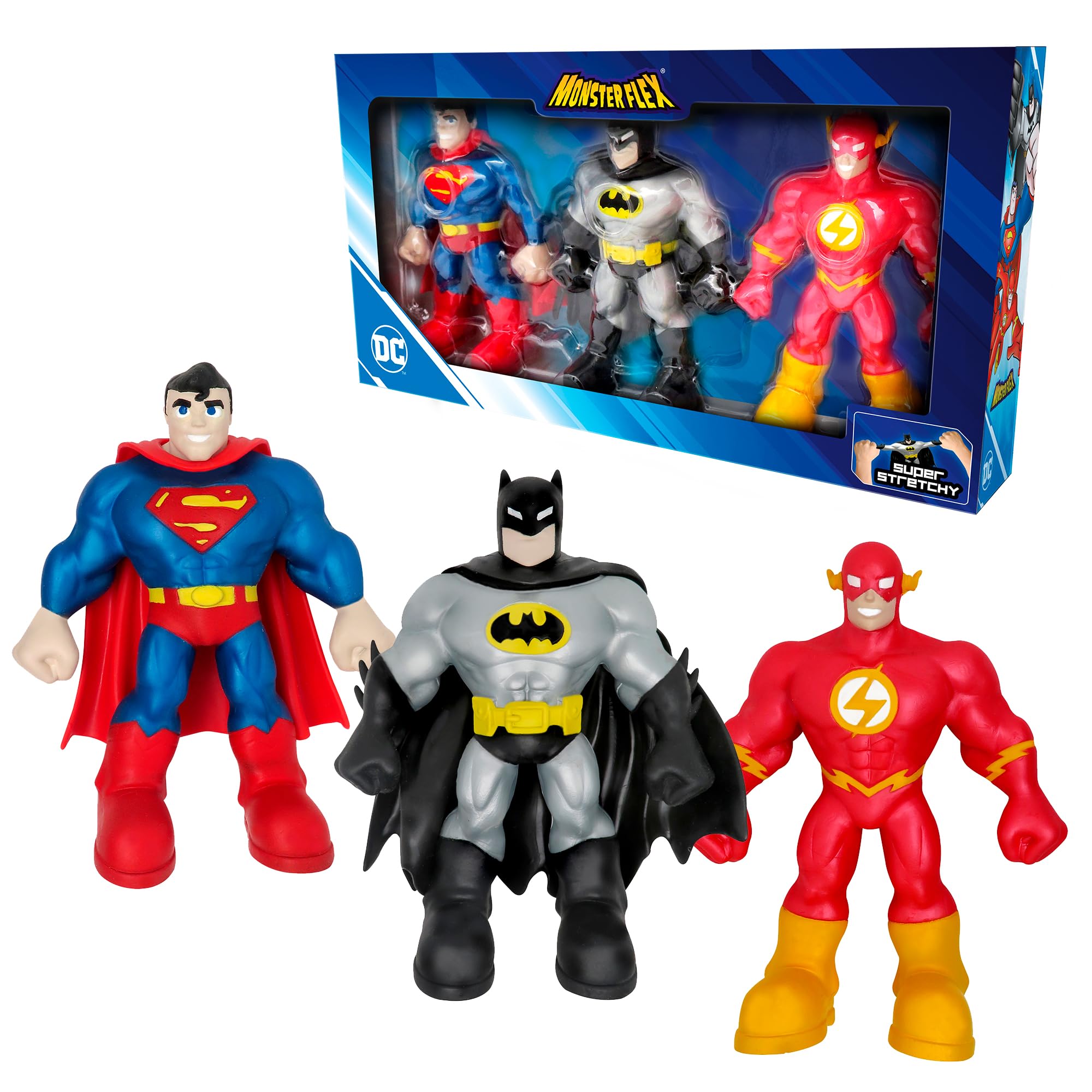 Bizak MONSTERFLEX DC, Pack de 3 Figuras de Tus superhéroes Favoritos, muñeco Extensible y elástico, 25 cm, para coleccionar, Adultos Fans coleccionistas, niños +6 años, (64392024)