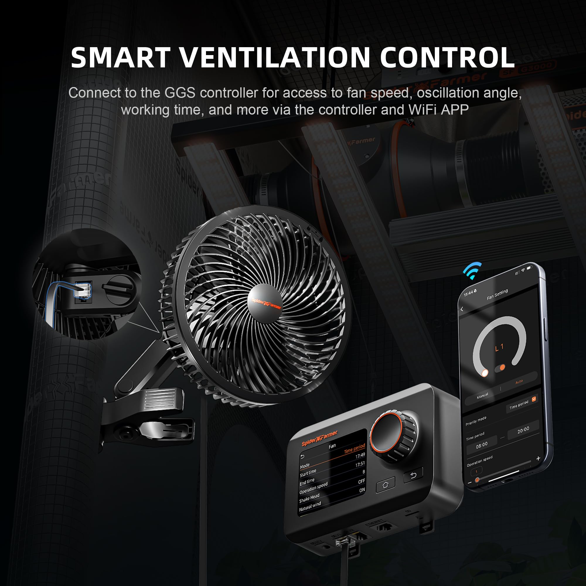 Spider Farmer Grow Ventilator mit Clip, 10-Stufen-Regelung per Knopf oder GGS Smart App (App-Steuerung nur mit GGS-Set), EC-Motor, Oszillierend, IP54, Timer – Leiser 8W Lüfter für Growbox/Zelt