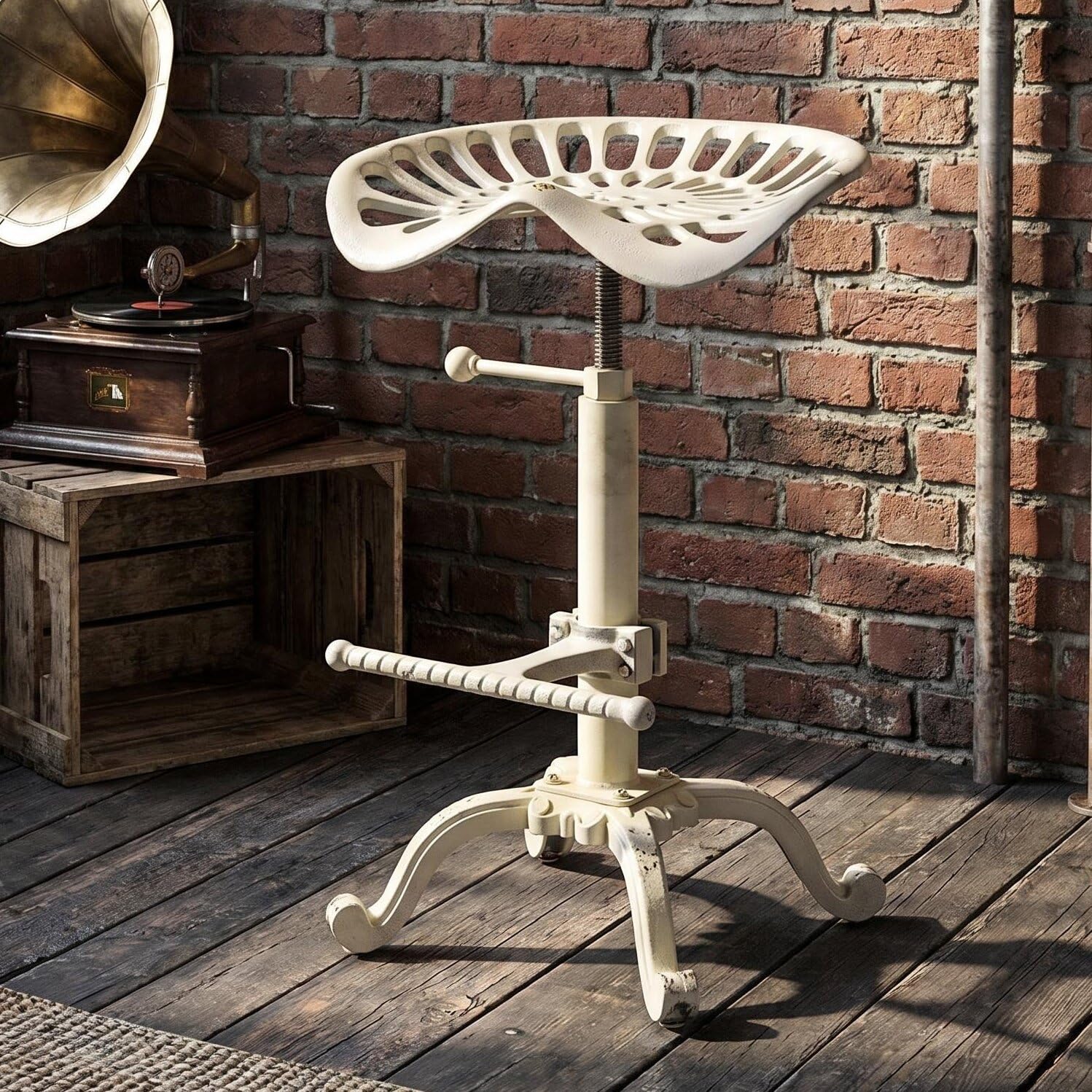 Topower Vintage Industrial Bar Stools,Cast Iron Tractor Stool,Adjustable Height,Swivel Seat Breakfast Chair (Aged White)
