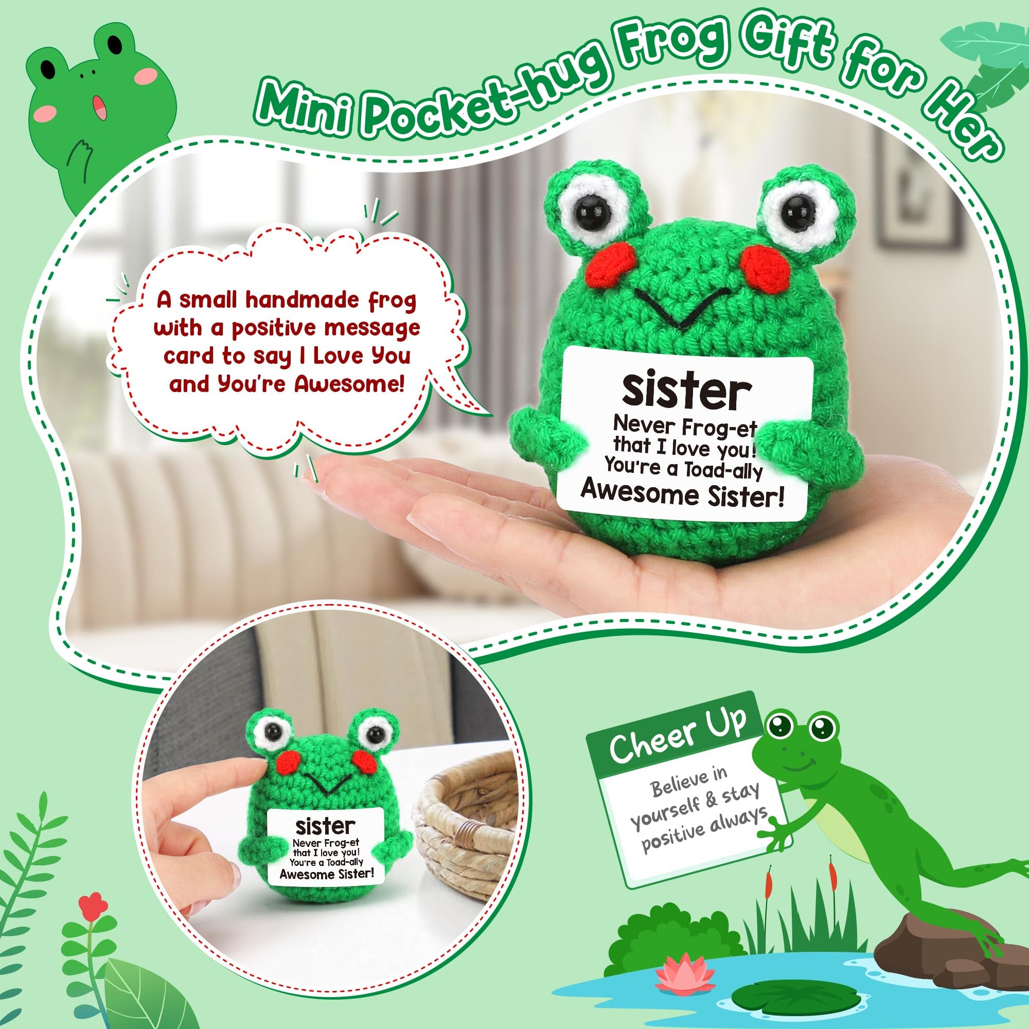 Sister Gifts for Mothers Day, Mother's Day Birthday Gift for Sisters from Brother, Soul Sisters Friend Gifts for Women Teen Girls Graduation Gift for Her, Mini Crochet Frog Affirmation Support Present
