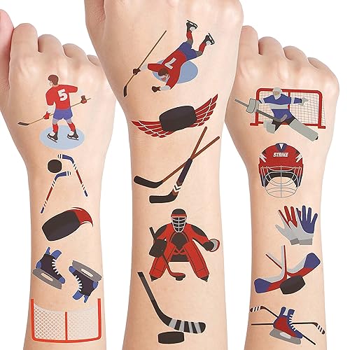 Miniatura 1 de 24 hojas de tatuajes temporales de hockey sobre hielo, decoraciones de cumpleaños, recuerdos de fiesta de hockey