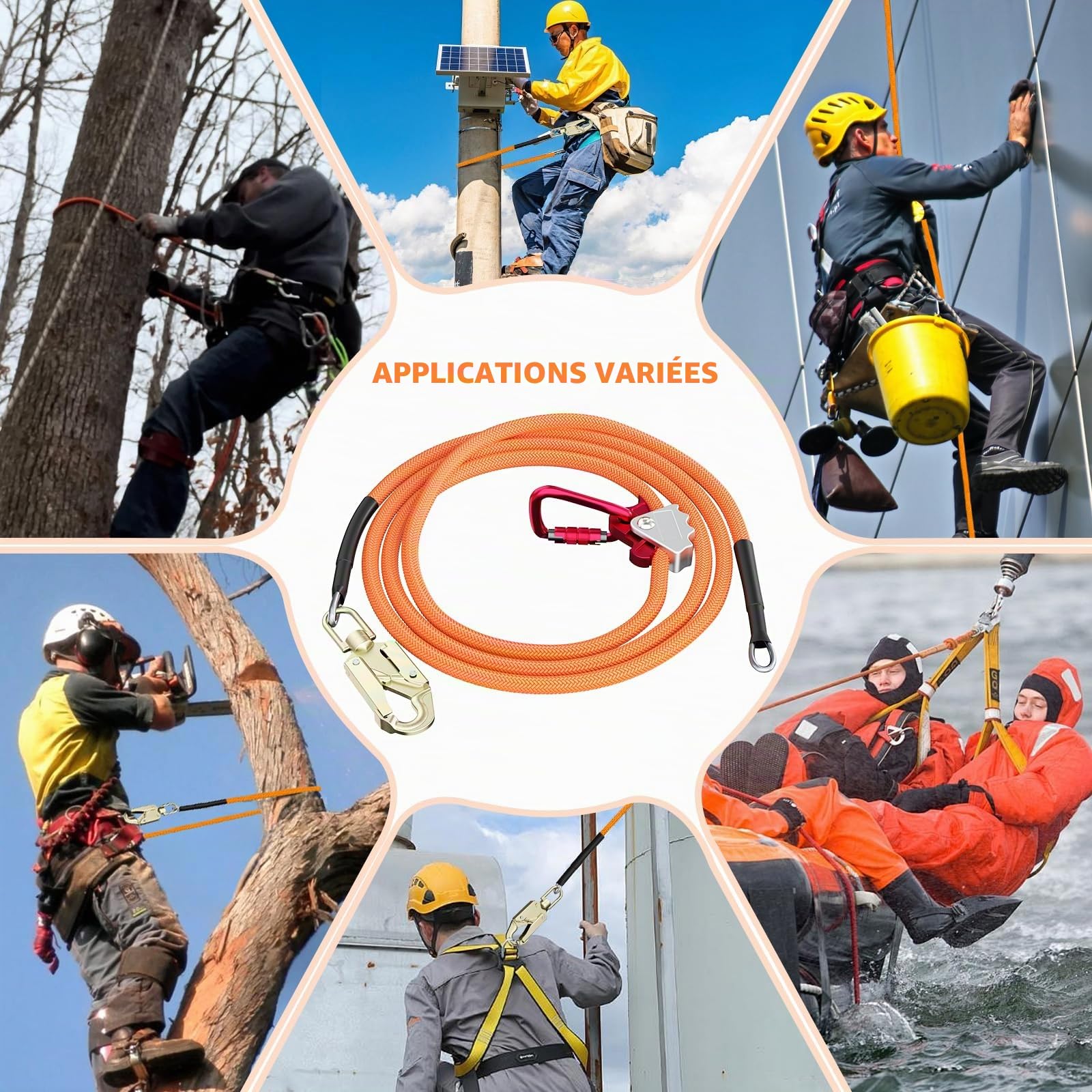 Kit de corde en acier Flip Line - Cordon en acier avec mousqueton triple verrouillage - Cordon réglable - Corde d'escalade pour arbres, arboriculteurs, protection contre les chutes