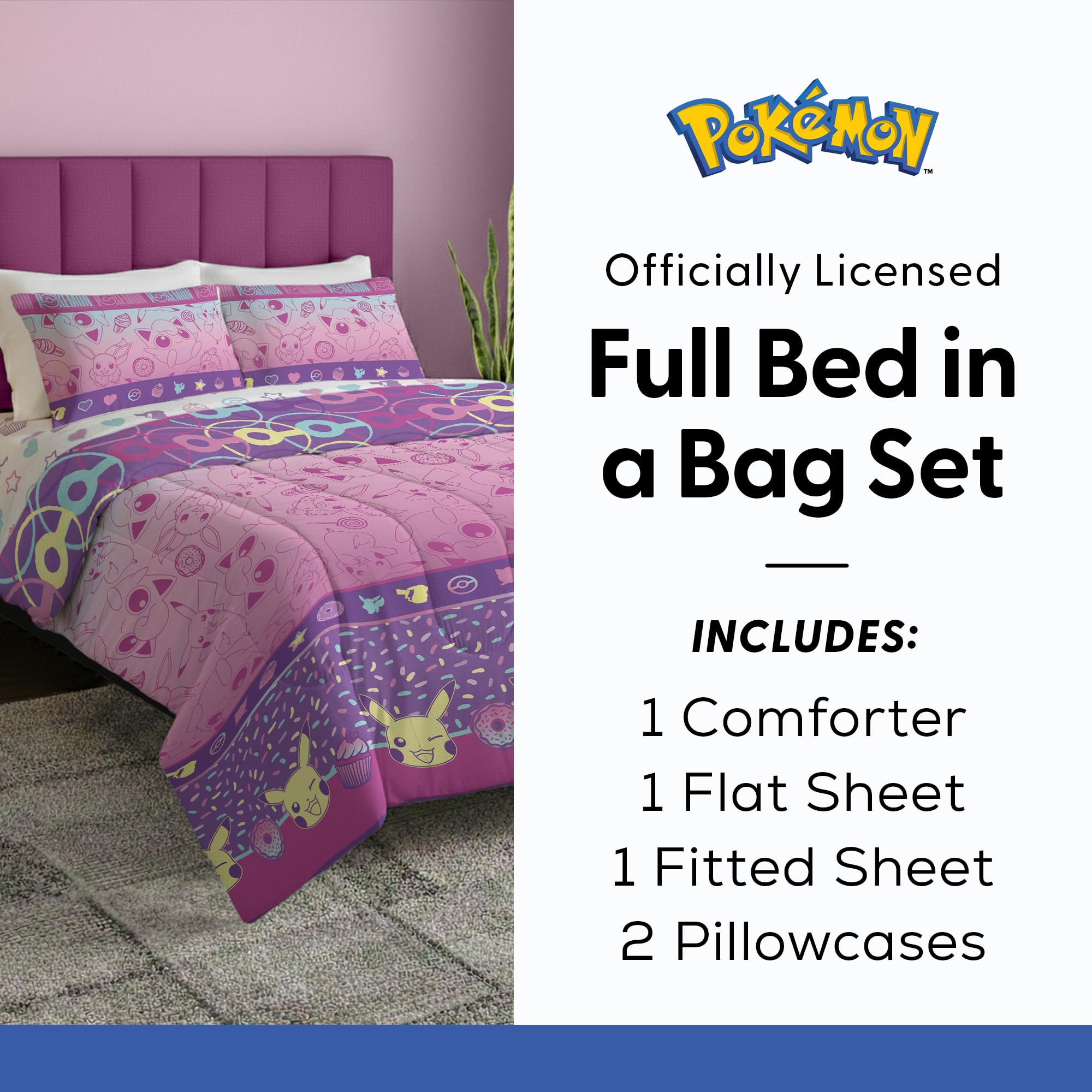 Northwest, Set completo per letto matrimoniale a tema Pokemon, con Pikachu ed Eevee, per ragazze e ragazzi, motivo semplice e grazioso