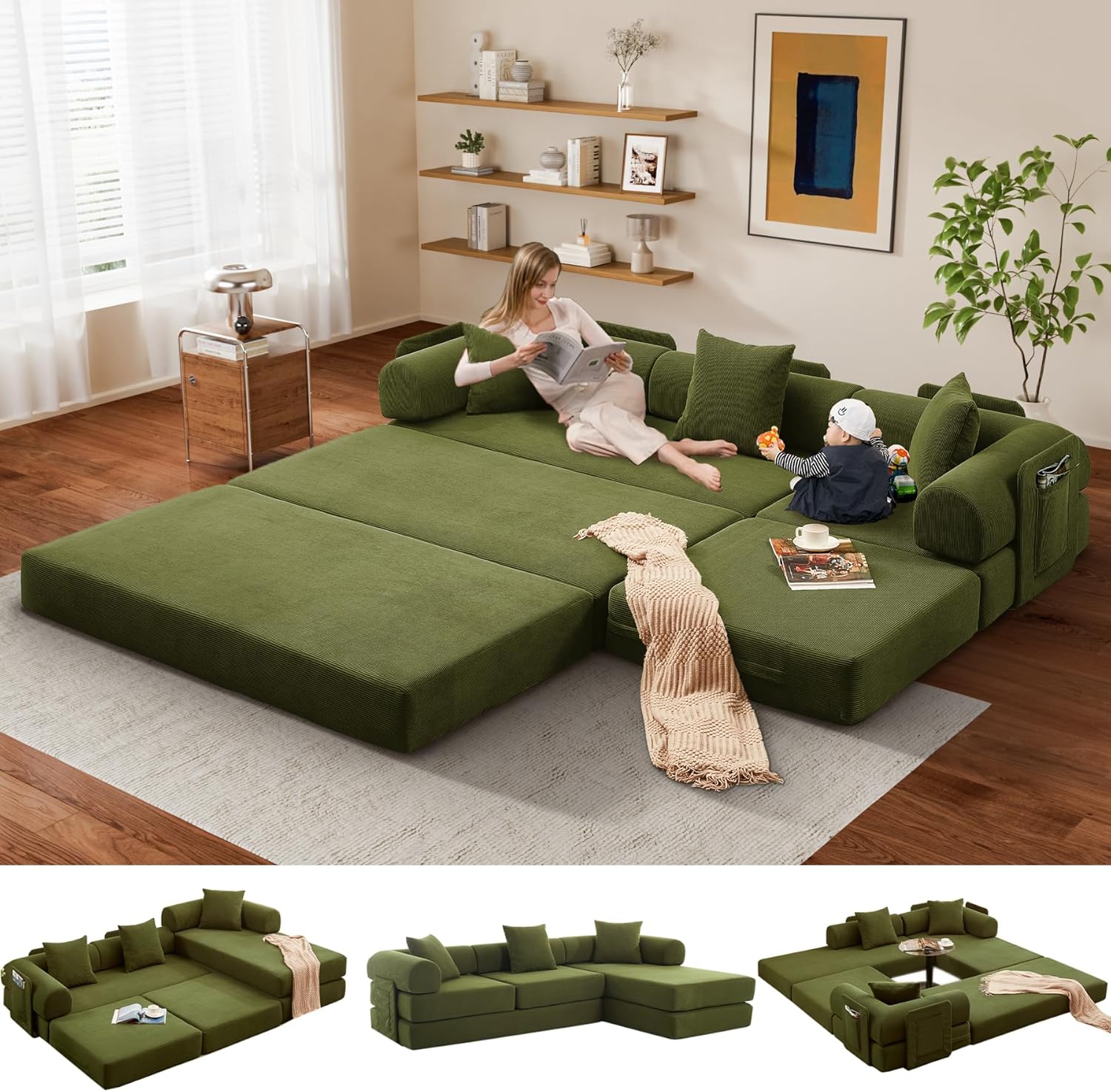 L Shaped Modular Sofa Bed with Cylindrical Pillow & Reversible Chaise, Corduroy Folding Floor Convertible Sofa Couch Bed with Fixed-Shape Frame & Storage Pocket for Living Room, Green