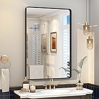 Vista 21 de Espejo rectangular para pared de baño de 20x30 pulgadas con marco negro mate, espejo de tocador con esquinas redondeadas, espejo de baño de metal