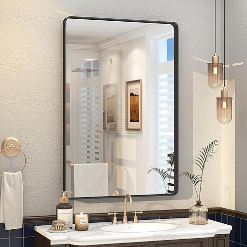 Miniatura 54 de Espejo de baño con marco negro de 20 x 30 pulgadas para pared, espejo de pared con marco de metal mate, espejo rectangular de esquina redondeada