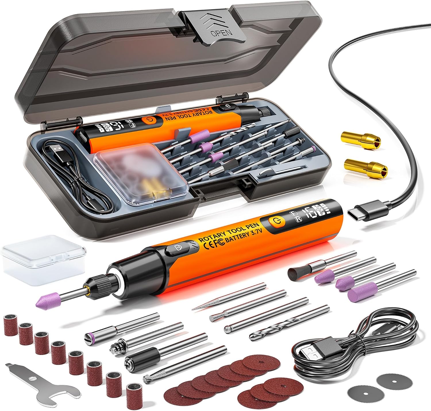 Mini handheld DIY electric grinding home digital display multi-functional wood carving machine with lamp jade polishing and grinding set (Orange sharpener)