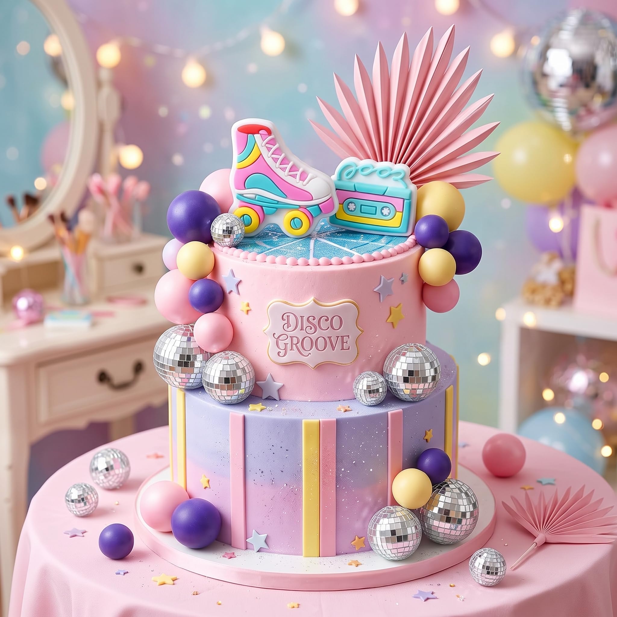 LaVenty Retro Roller Skate Disco Balls Cake Decor Lets Roll Cake Topper
