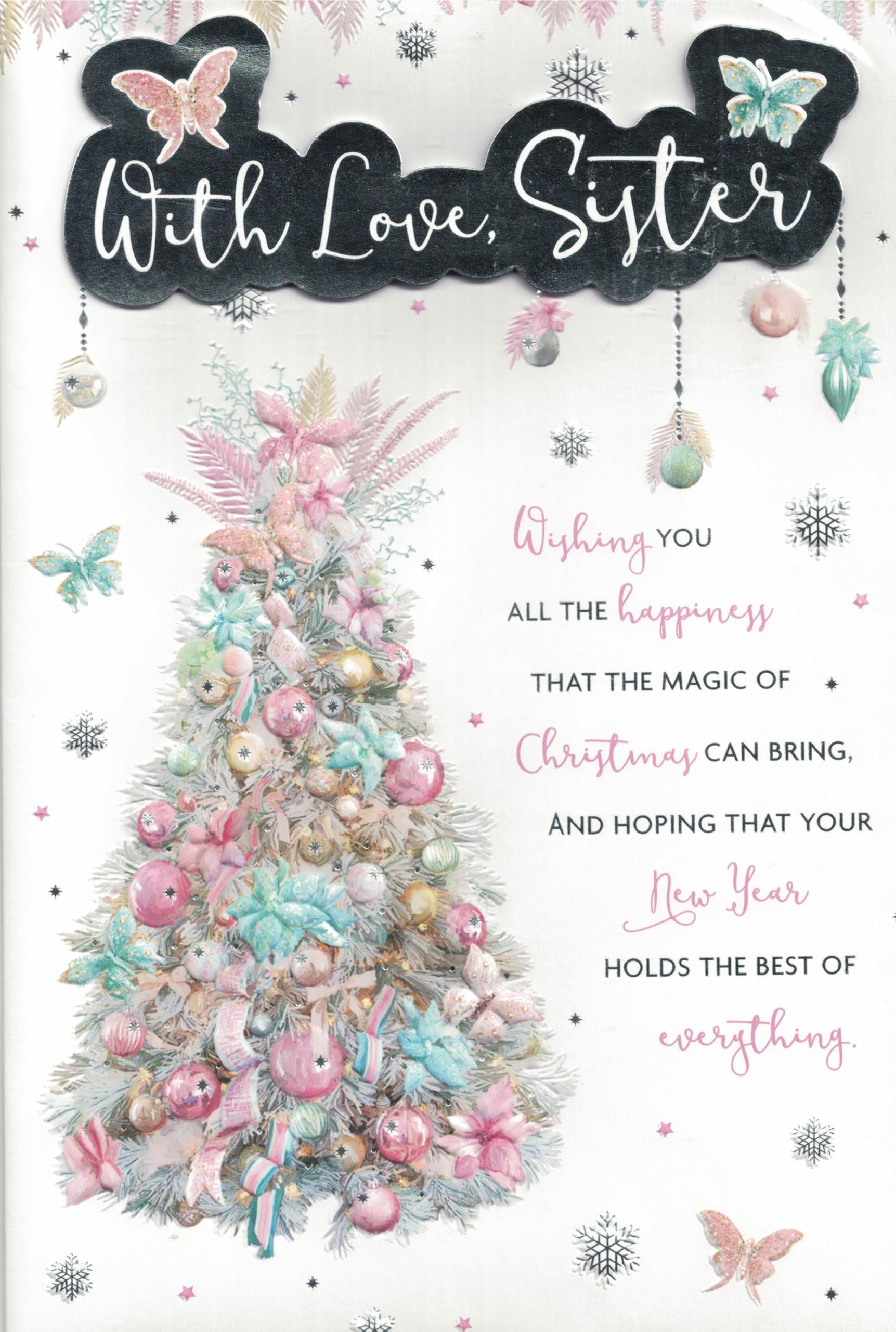 With Love, Sister Christmas Card, Extra Large 30.5 x 20.3 cm, Traditional Xmas Tree Design, 8-Page Insert