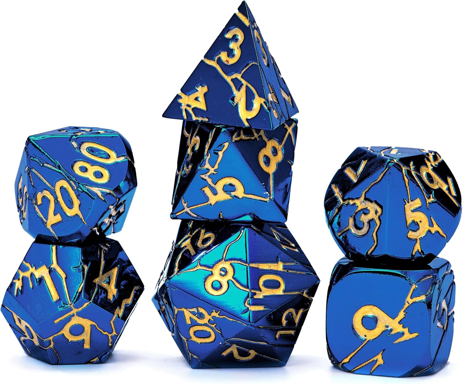Metal Dice for DND - Cracked Lightning Metal Dice - Polyhedral Set for D&D with Cracks - Beautifully Detailed Compatible with Dungeons and Dragons, RPG and More (Metal Blue Gold Lightning)