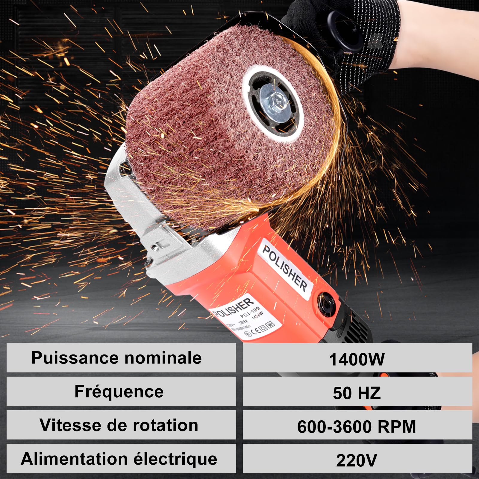 HYCHIKA 1400W Ponceuse Electrique, Machine à Poncer Rénovateur, Appareil de Brossage pour la Rénovation de Surfaces de Toutes Sortes, Gamme de 8 vitesses 600-3600RPM, Convient pour le bois, le métal