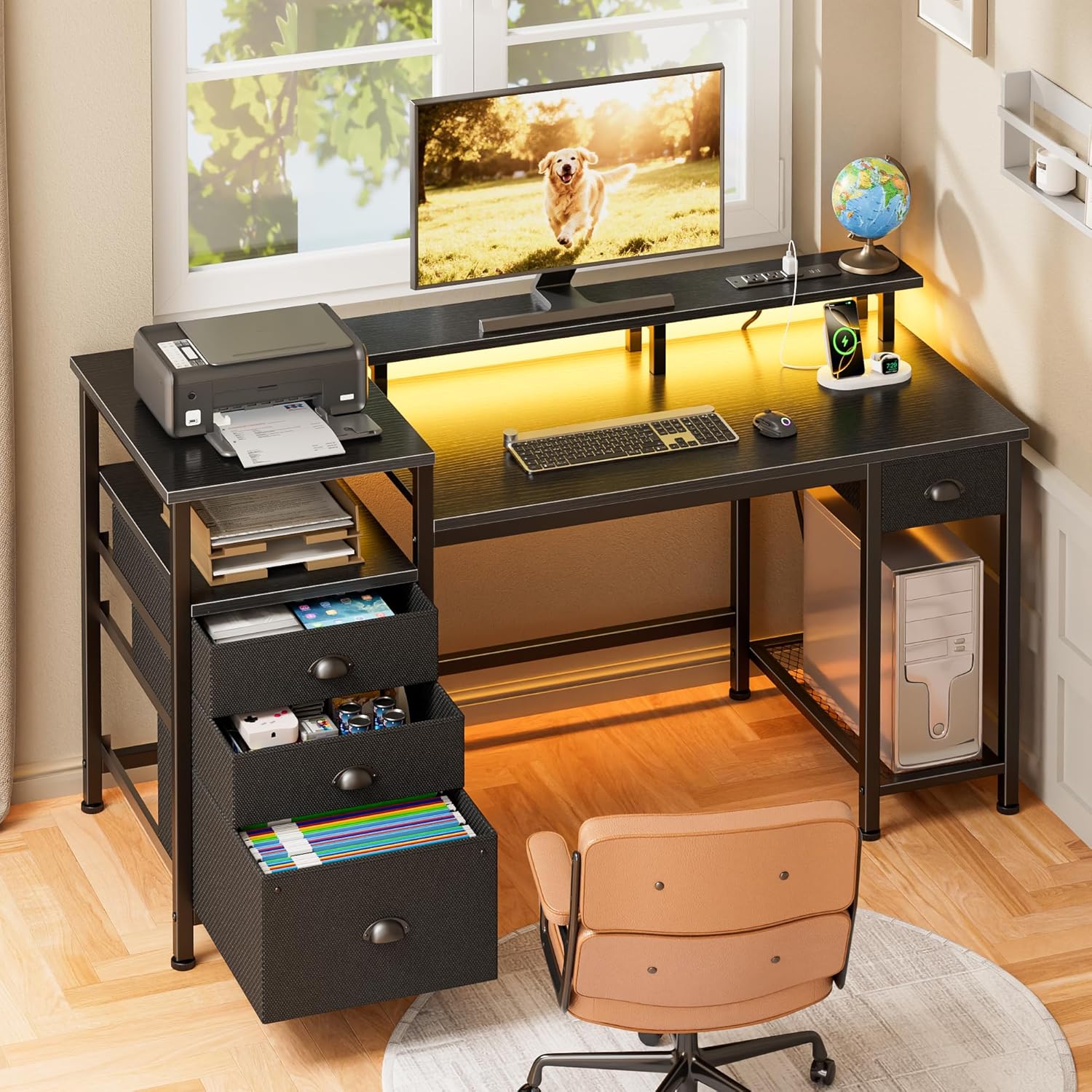 Furologee 52'' Gaming Desk with LED Lights and Power Outlets, Reversible Computer Desk with 4 Drawers, Fabric File Cabinet, Printer Space, Shelves and Monitor Stand for Home Office and Bedroom, Black