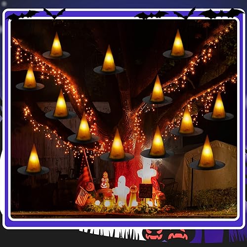 Miniatura 5 de 61 sombreros de bruja colgantes de Halloween, incluye 24 sombreros de bruja flotantes con luces LED de Halloween, 12 murciélagos 3D, calcomanías de