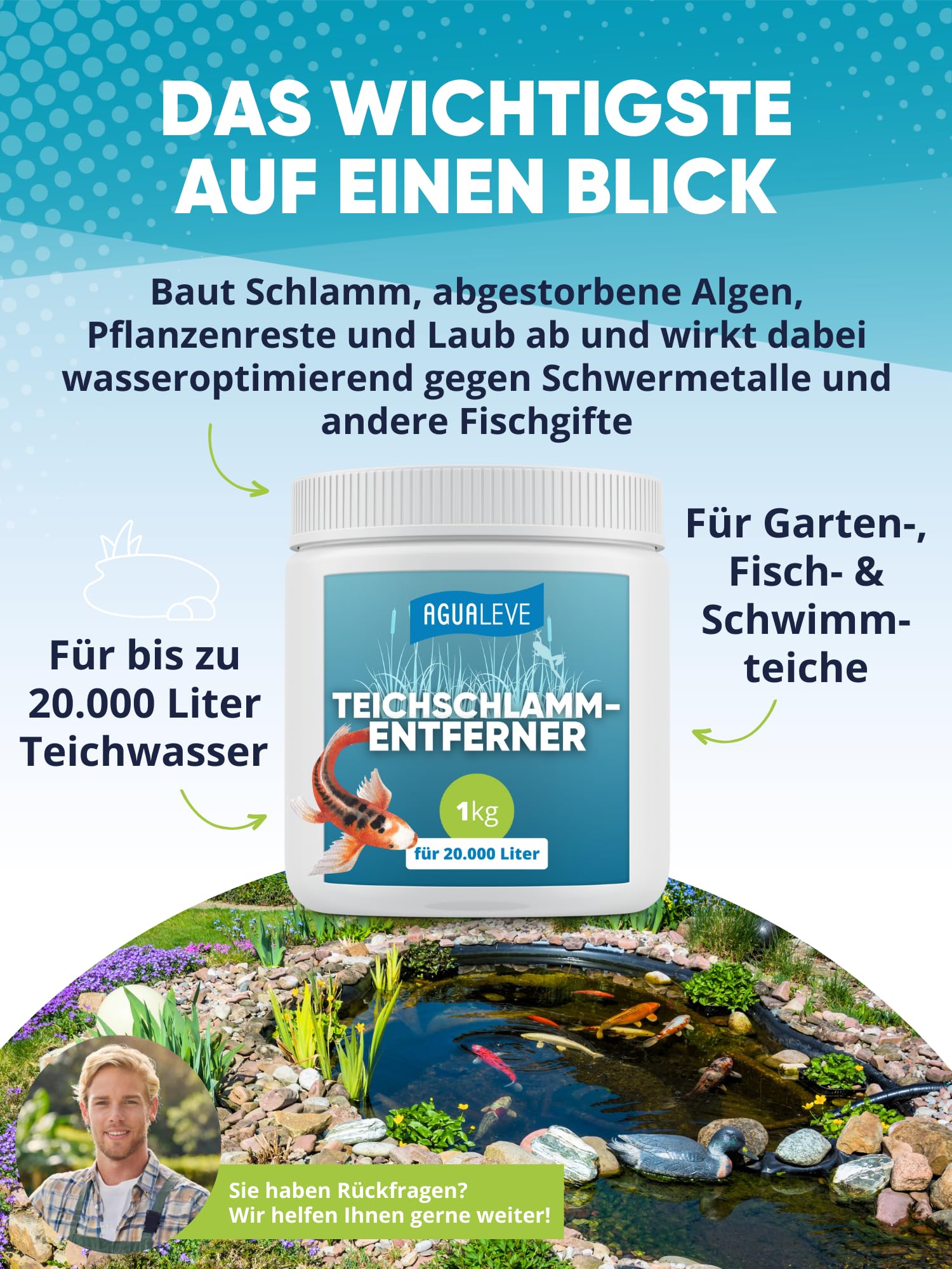AGUALEVE® Teichschlammentferner 1kg *NEU* | extrem effektiv gegen Teichschlamm Dank innovativer Sauerstoff-2.0-Formel | für Fisch-, Garten- & Schwimmteiche | Made in Germany | für 20.000l Teichwasser