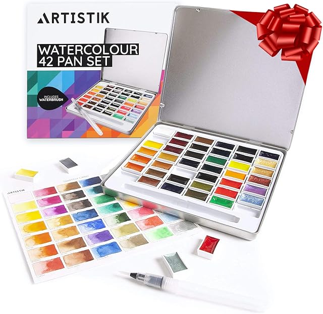 Artistik Watercolour Paint Set - 42 Pans Richly Pigmented Artist Quality Colours Includes 6 Vibrant Metallics, 1 Waterbrush Pen in a Metal Tin, for Professionals Artists, Beginners and Hobbyists