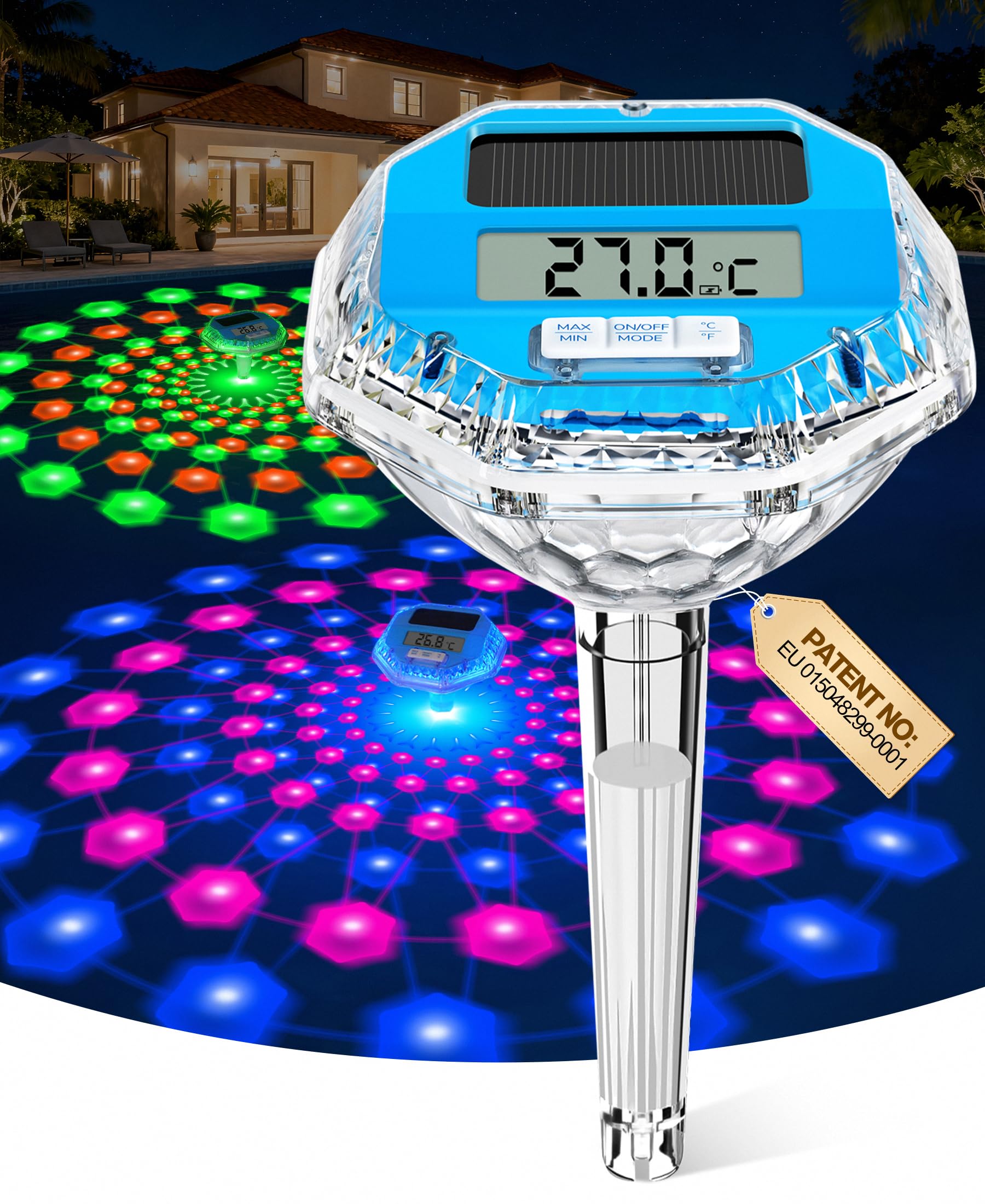 LanBlu Termómetro Piscina Flotante con Luces, Solar Termómetro Digital Piscina Fácil de Leer de Noche, Termometro para Agua Piscinas con Gran Pantalla LCD, Termometro para Piscinas SPA Estanque