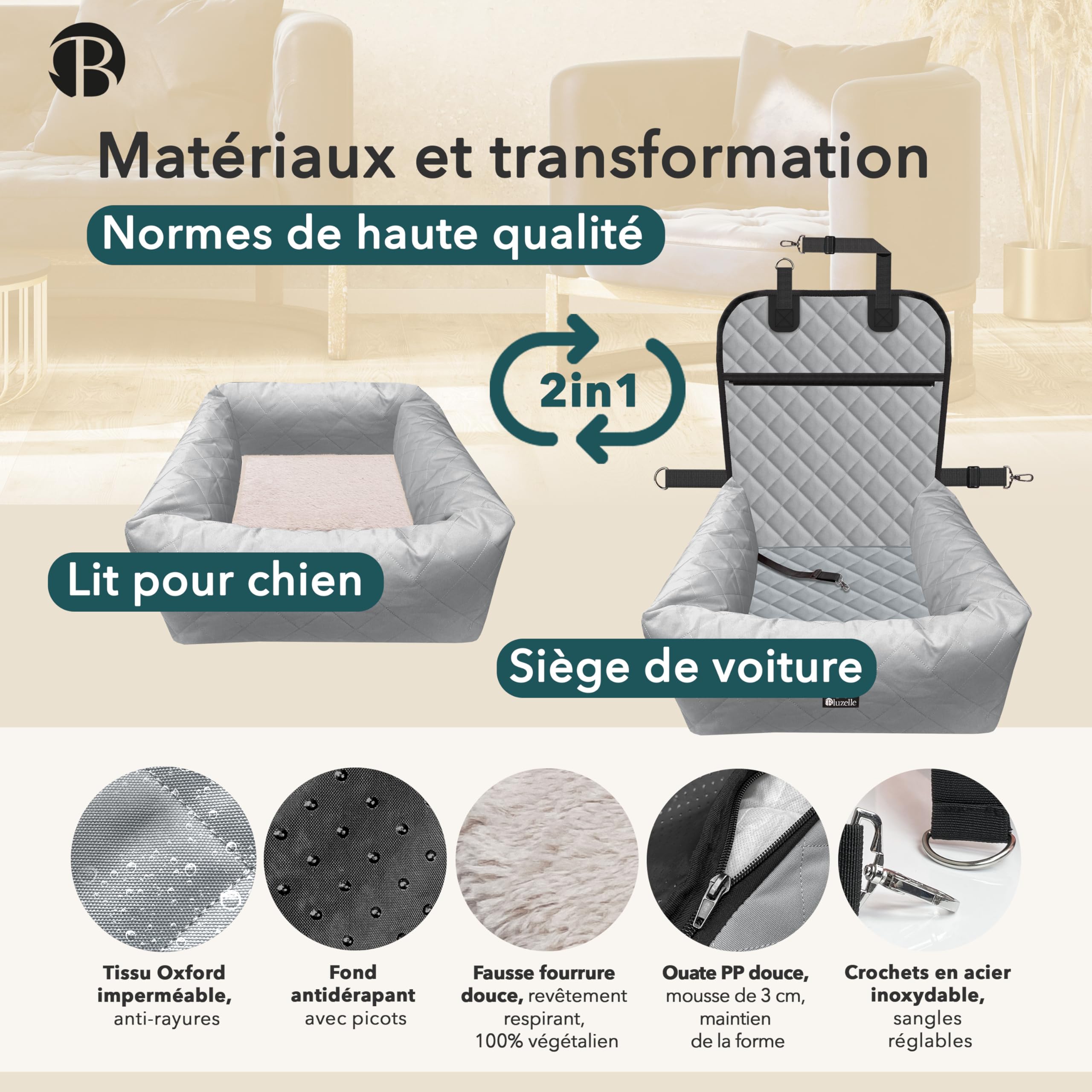 Siège Auto Chien & Panier 2-en-1 pour Avant & Arrière - TRAVELBUDDY Imperméable, Antidérapant & Lavable - Inclus Ceinture & Tissu Oxford - Marque Allemande, Couleur:Gris