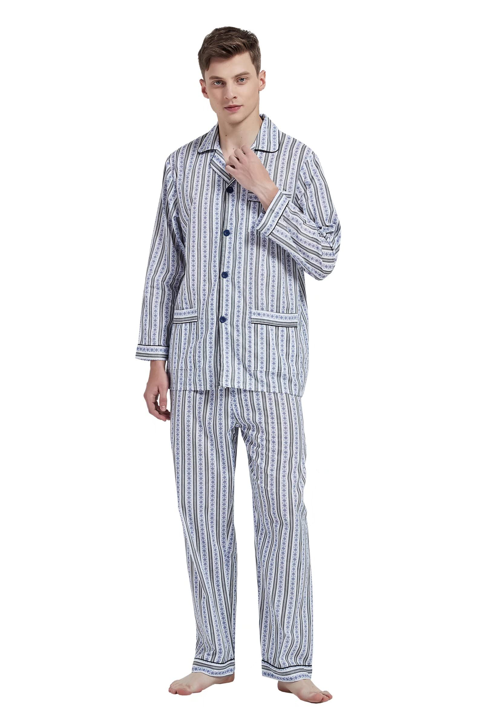 Amaxer Herren Zweiteiliger Schlafanzug Baumwolle Pyjama Set Nachtwäsche Hausanzug Langarm Oberteil mit Taschen Schlafanzughose mit Kordelzug