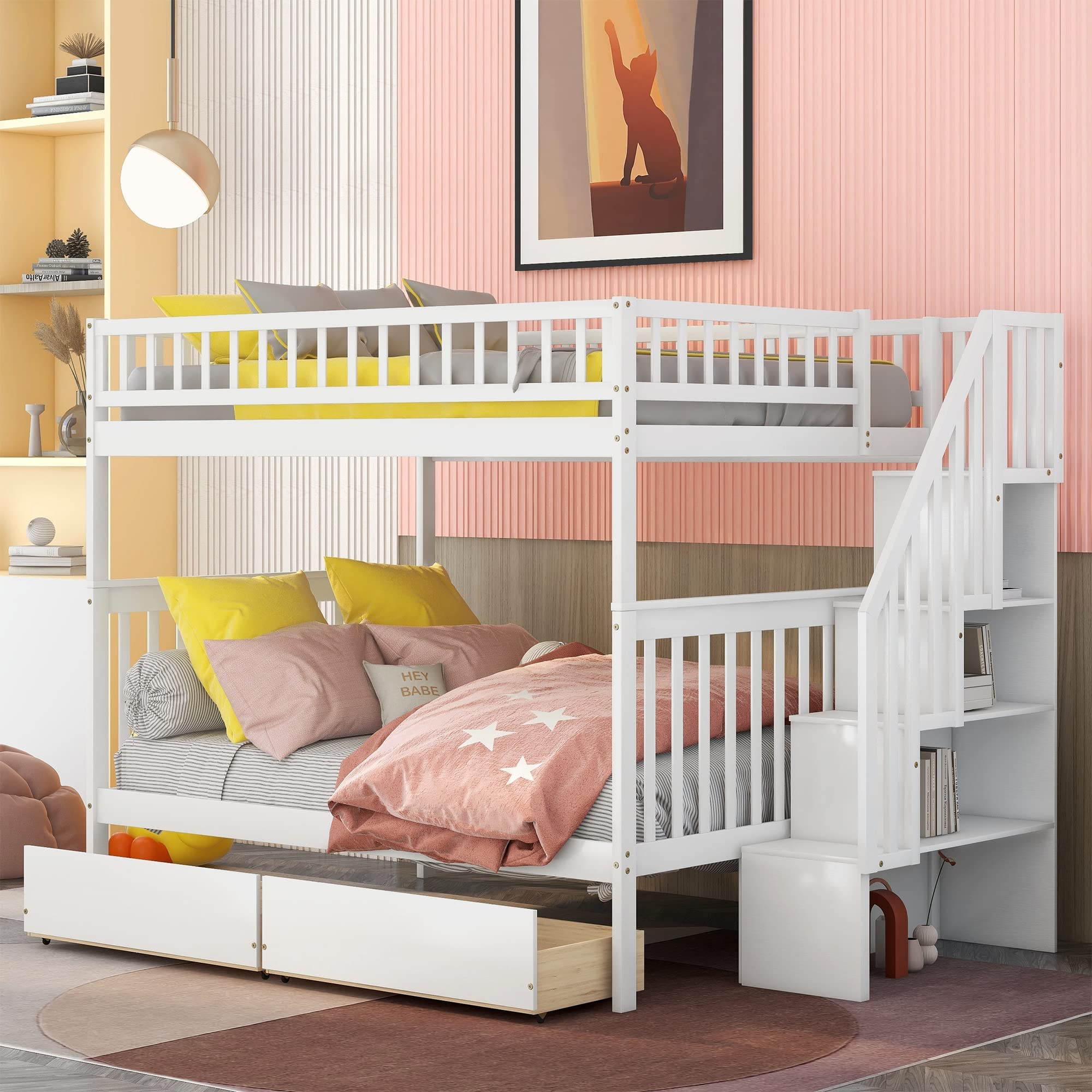 Bellemave Full Over Bunk Beds with Stairs and Storage Drawers Wood Bed Frame Shelves for Kids Teens Adult, Detachable Bunked Boys Girls, White