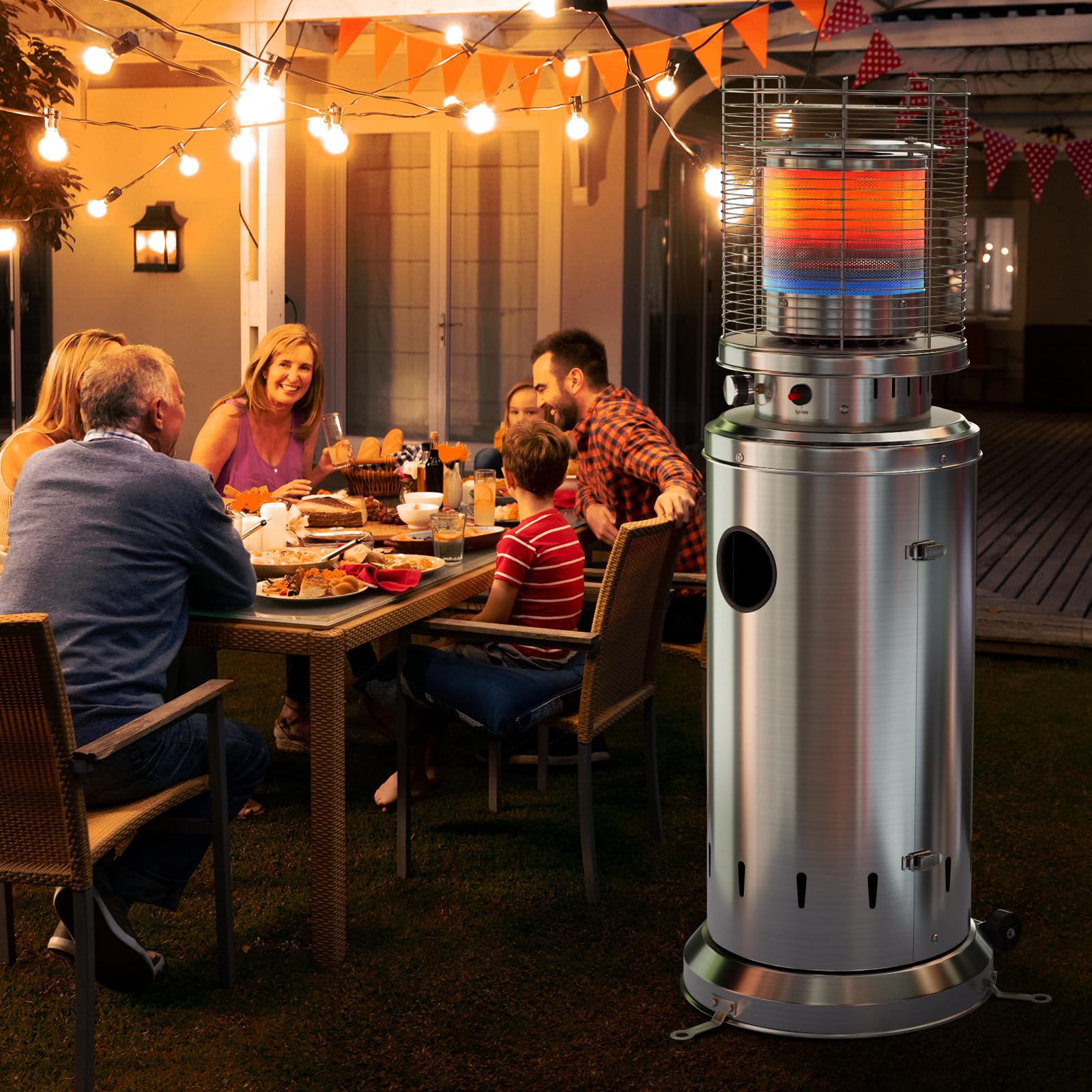 TLSUNNY Heizstrahler Terrasse, mit Schutzhülle und Piezoelektrische Zündung | Edelstahl Terrassenstrahler mit 2PCS Rädern, Terrassenheizer mit Heringen, 6,5 kW Gas Heizstrahler für Terrasse und Balkon