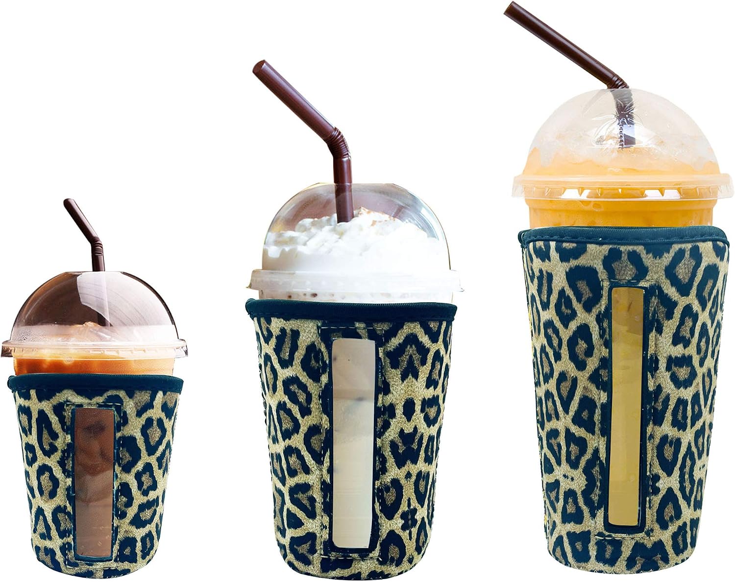 YUESUO 3 Pack Reusable Iced Coffee Cup Insulator Sleeve for Cold Beverages and Neoprene Holder for Starbucks Coffee, McDonalds, Dunkin Donuts, More (Leopard)