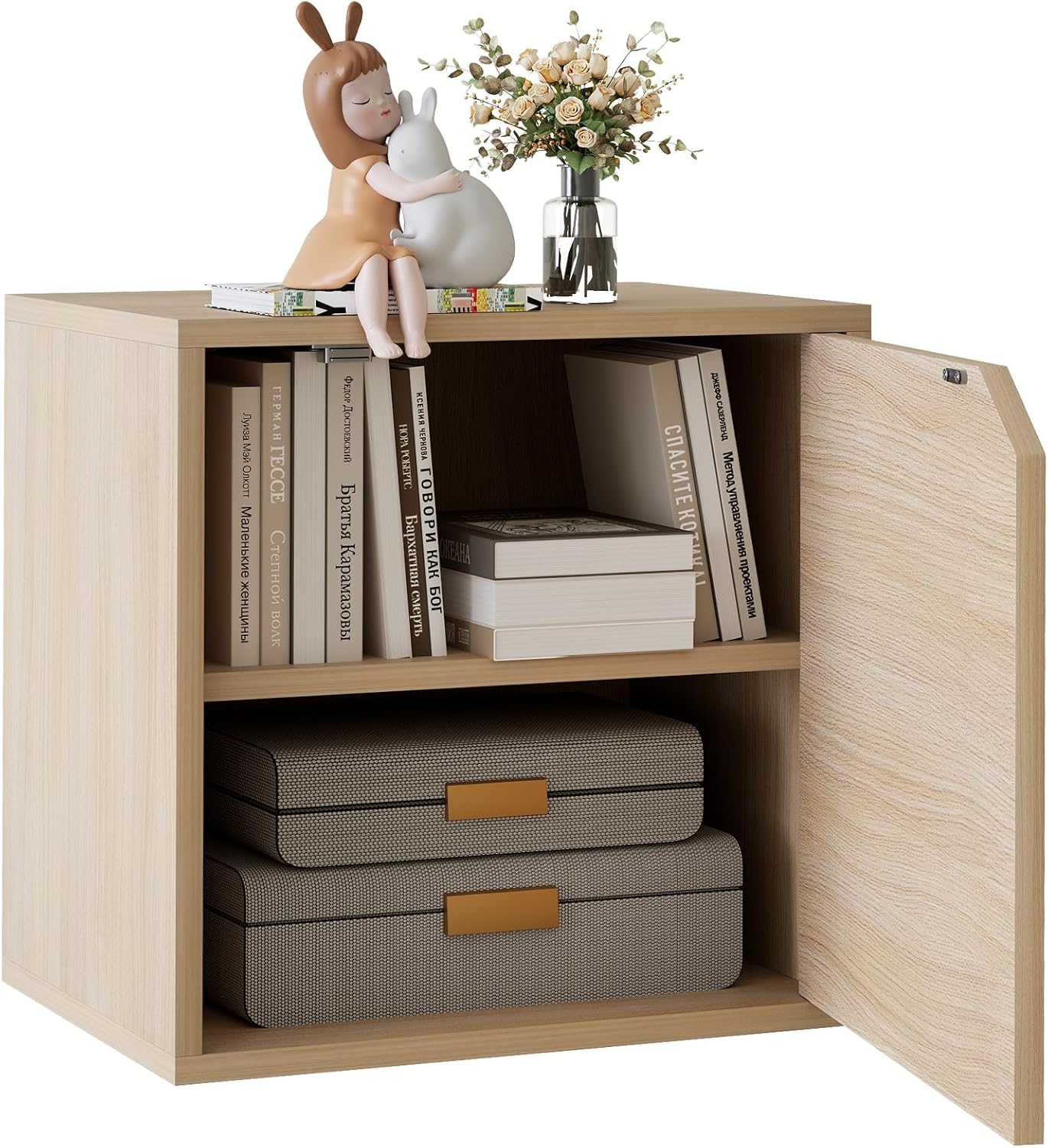 Garden 4 You Cube Storage Organizer Shelf, 2 Tiers Stackable Bookshelf With Door, Wooden Display Bookcase, Small Cabinet for Living Room Bedroom, Natural Brown 2 Tiers with Door