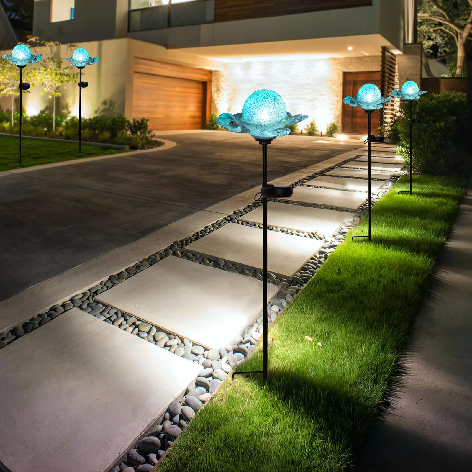 Bshine Luces solares de jardín decorativas al aire libre – Estaca solar de tortuga, estaca de vidrio soplado a mano, luces decorativas de camino para jardín al aire libre, césped, patio