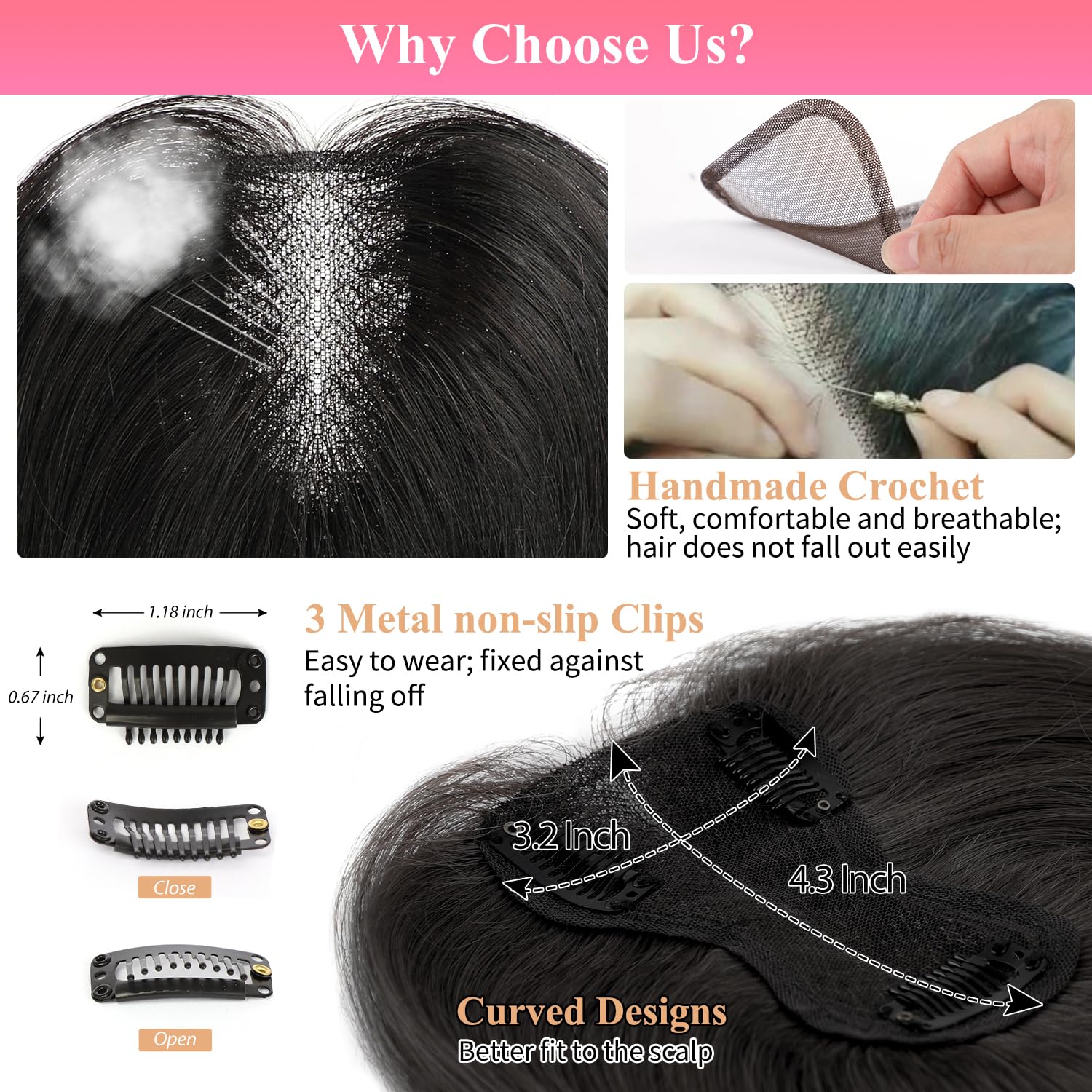 Hair Toppers for Women Real Human Hair 10inch Hair Toppers for Women with Thinning Hair Near Black Hair Topper for Women Human Hair Clip in Hair Pieces for Women Breathable Swiss Base