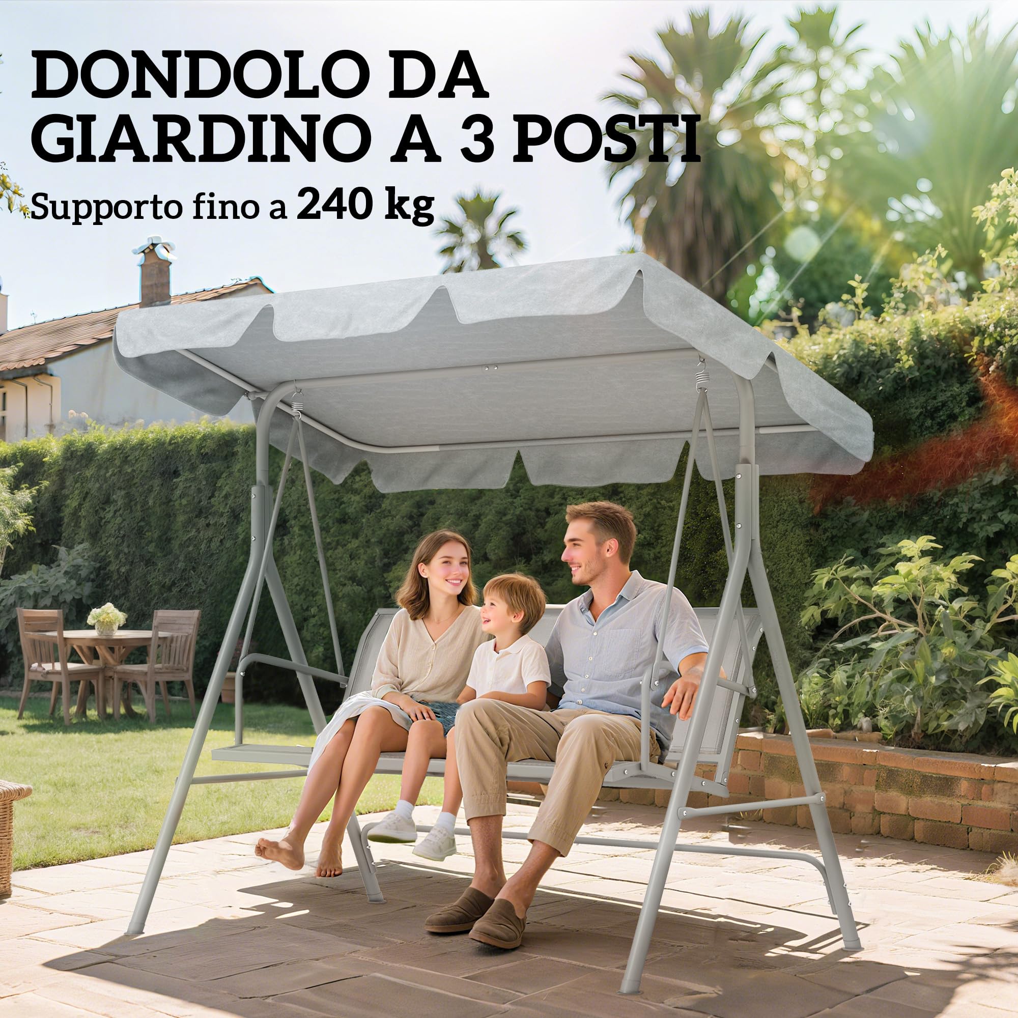 Outsunny Dondolo da Giardino 3 Posti con Tettuccio Parasole Regolabile Rimovibile, Dondolo da Esterno con Seduta Traspirante in Poliestere, Portata 240 kg, 171x108x154 cm, Grigio Chiaro