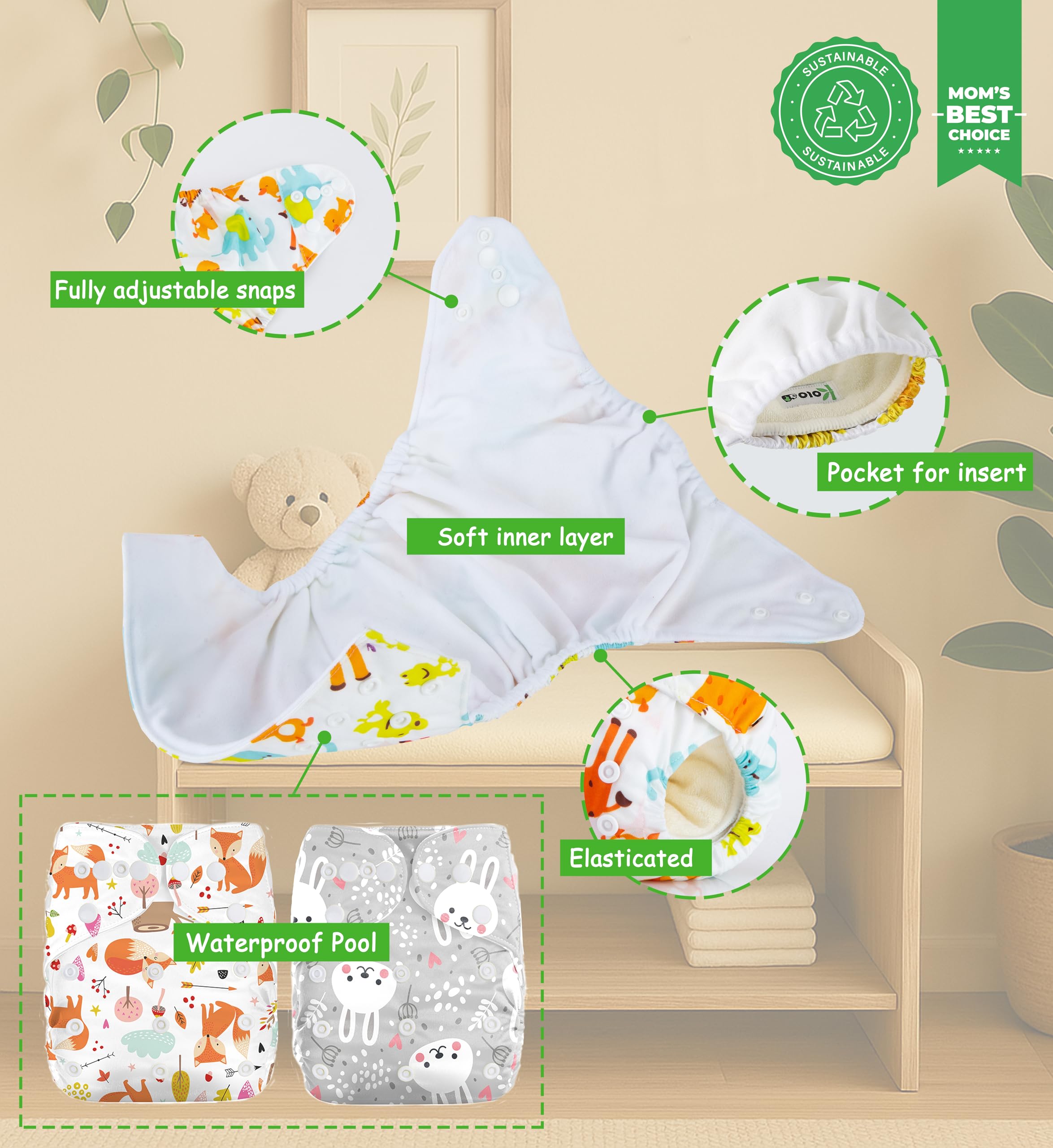 Kolo Set de couches lavable réutilisable pour bébé et bébé : 2 couches réglables avec poche intérieure Pocket + 2 inserts absorbants en bambou Taille unique unisexe 100% écologique