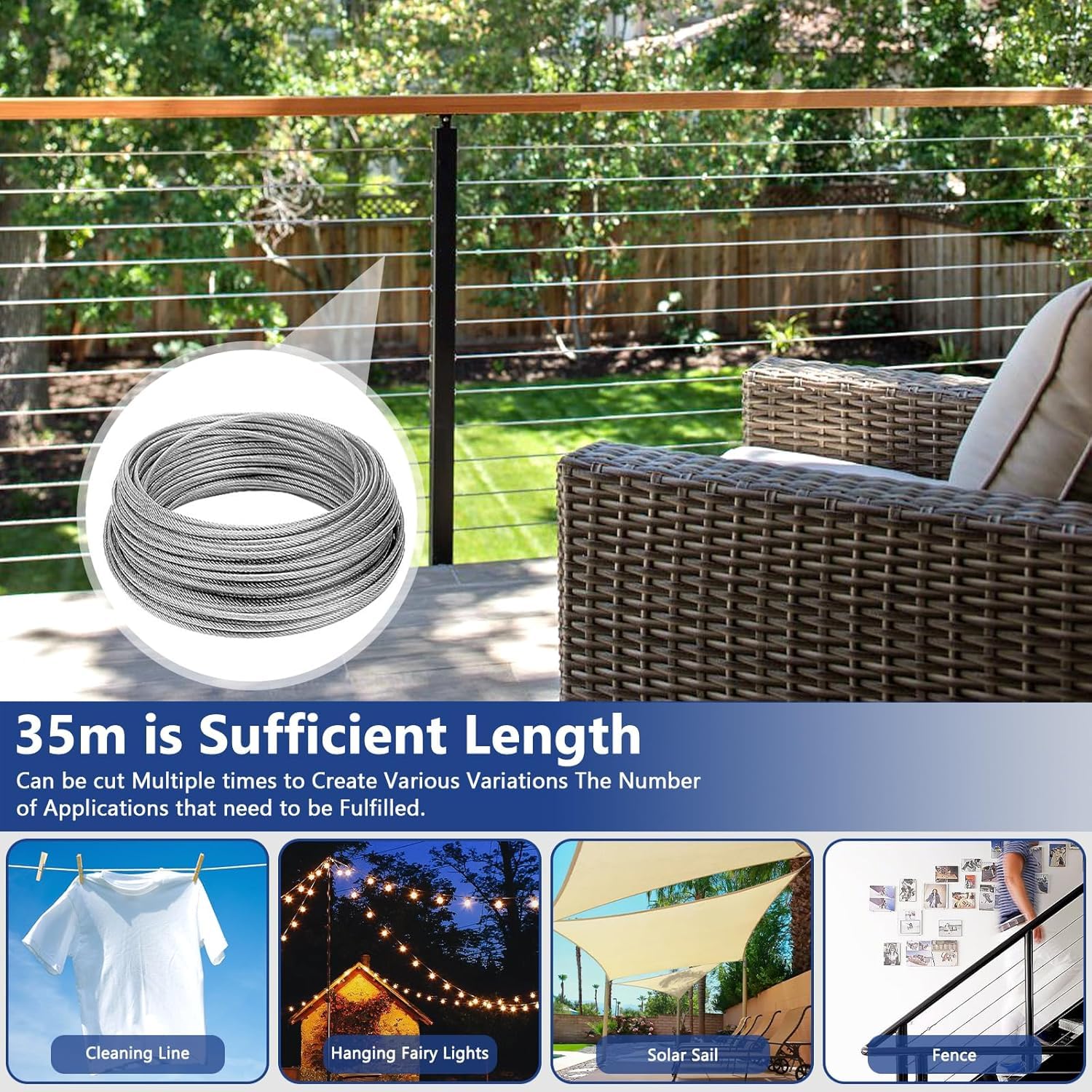 3mm Corde en Acier Inoxydable 35M,Kit de Cable Acier Suspendre,304 Câble en Acier Inoxydable Kit avec Tendeur Crochet,Tendeur Cable pour Plantes Grimpante,Corde a Linge,Lumières Suspendues