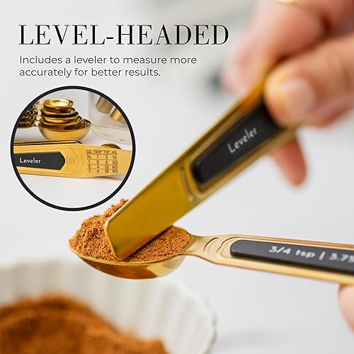 Miniatura 7 de Cucharas medidoras magnéticas doradas con nivelador, con 8 piezas de estilo mejorado, de doble cara, apilables, juego de cucharas medidoras doradas