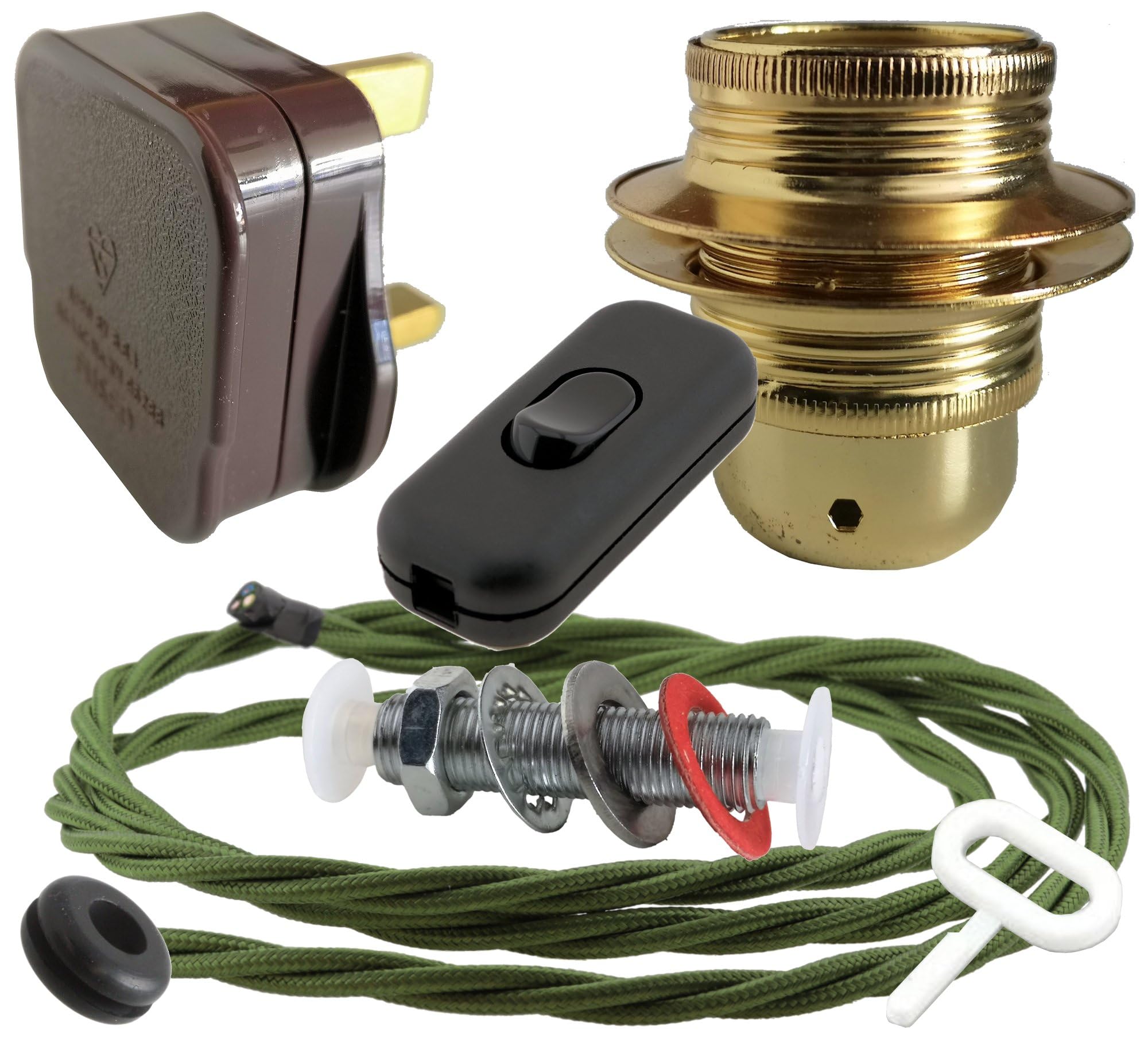 Art Deco Emporium Lamp Repair and Service Kit|Brown Plug|Green Flex|Black Switch|E27 Brass Finish Lamp Holder Holder