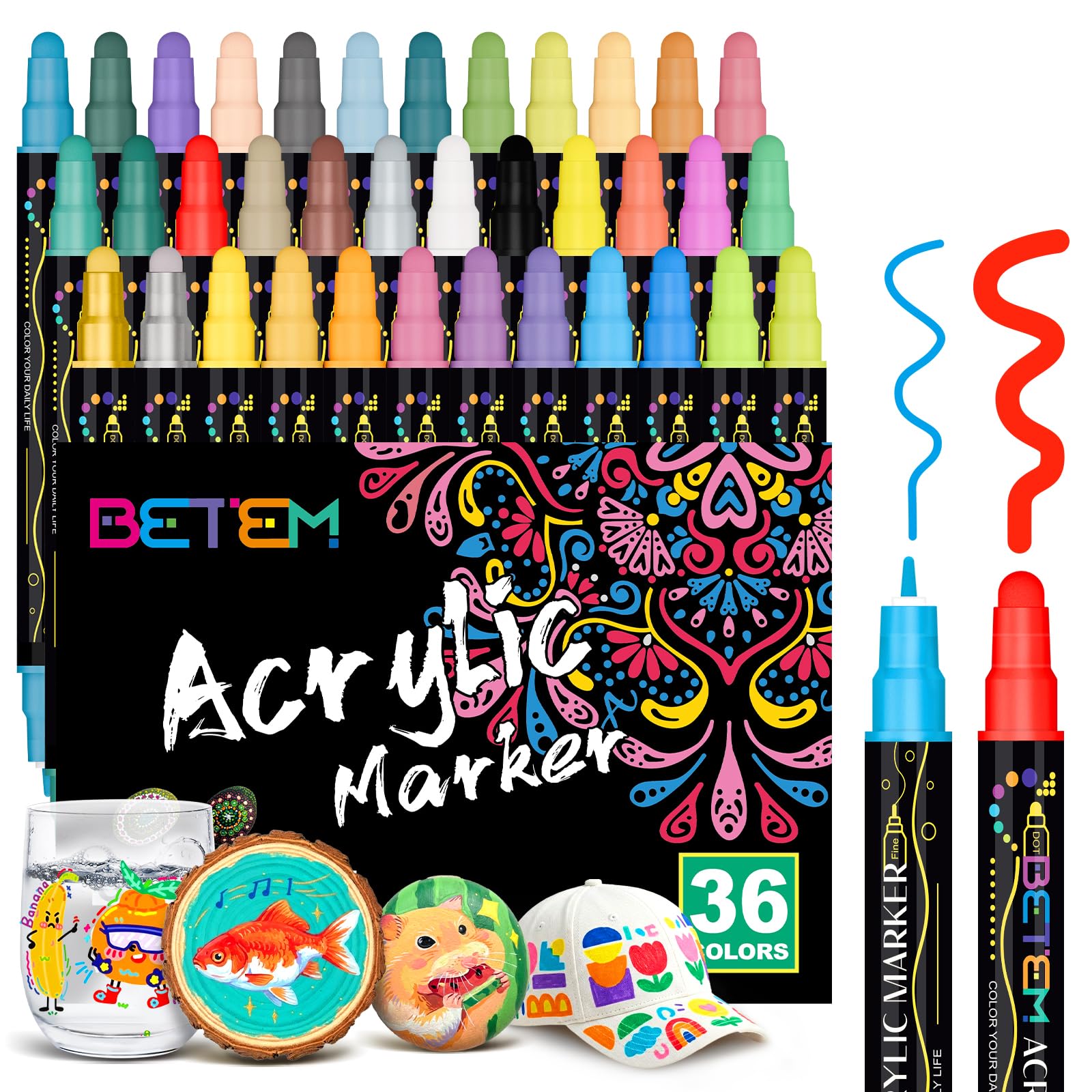 Pennarelli Acrilici Impermeabili 36 Colori A Doppia Punta: Punta Fine 1mm E Punta A Punti 2-5mm. Per Vetro, Pietra, Legno, Tela. Adatti A Bambini E Artisti. - 5