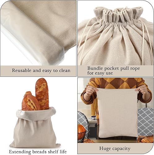 Miniatura 3 de Nitial Paquete de 3 bolsas de pan de lino para pan casero, bolsas de masa madre de 17 x 13 pulgadas con forro interior, bolsas de almacenamiento de