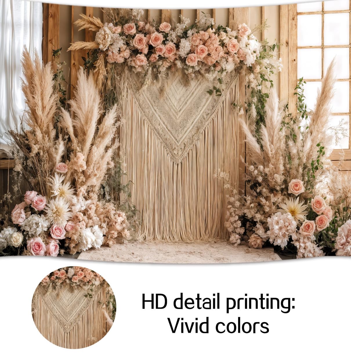 3,7 x 3 m Bohemian Pampas Erba Fiore Sfondo Retro Boho Fiori Finestra Fotografia Sfondo Nuziale Anniversario Compleanno Baby Shower Decorazione