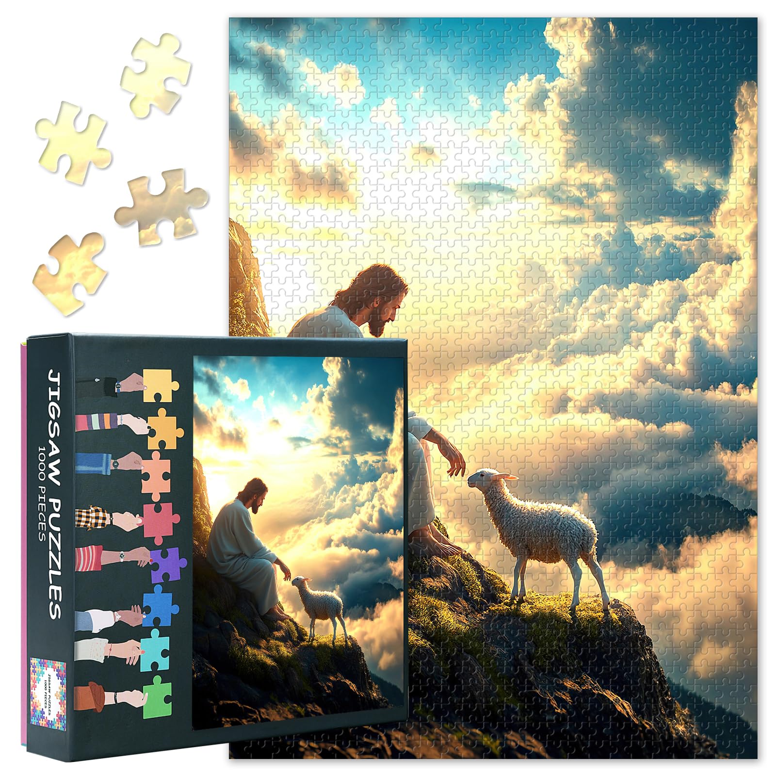 Jigsaw Puzzle for Adults 1000 Piece, Jesus and the Lost Lamb Biblical Art, Serene Religious Scene with Premium Puzzle Board