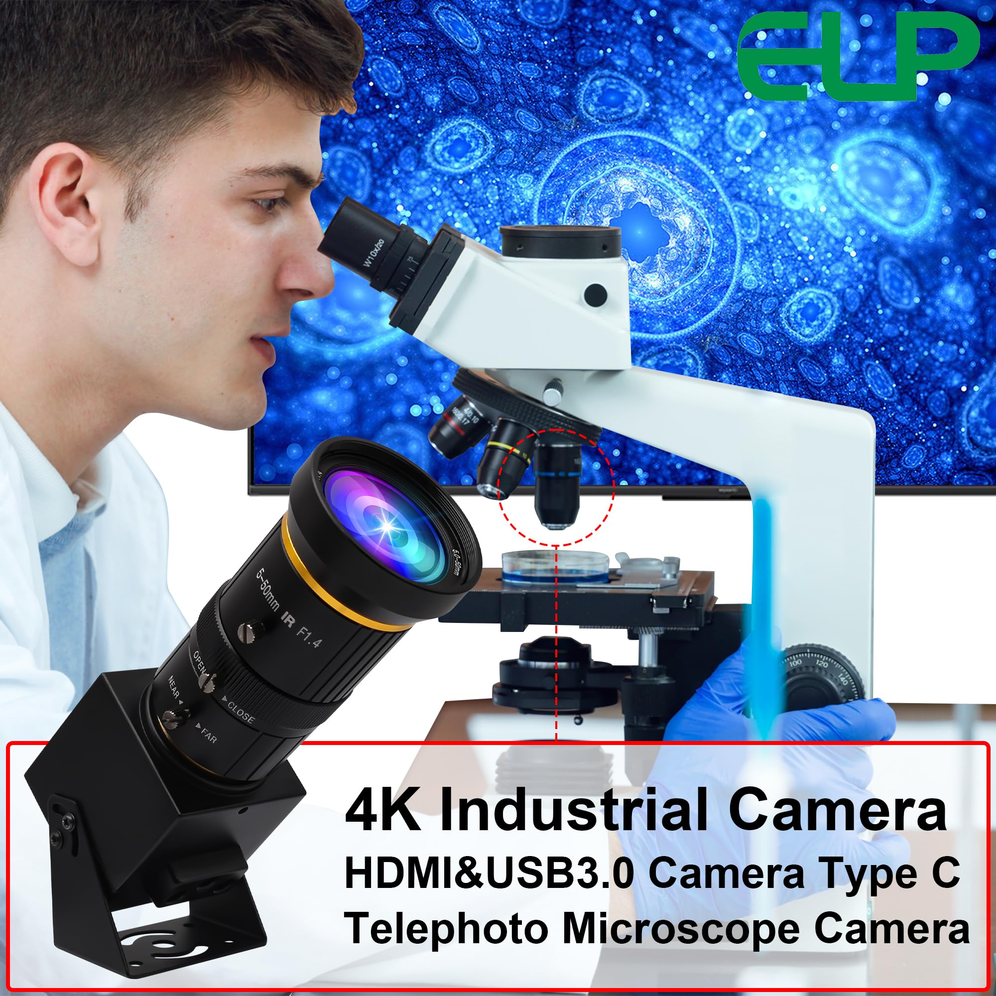 ELP Webcam USB 3.0 4K 60fps - Uscita HDMI e USB, doppio display, zoom manuale, zoom 10x, alta velocità, H.264, obiettivo 5-50mm