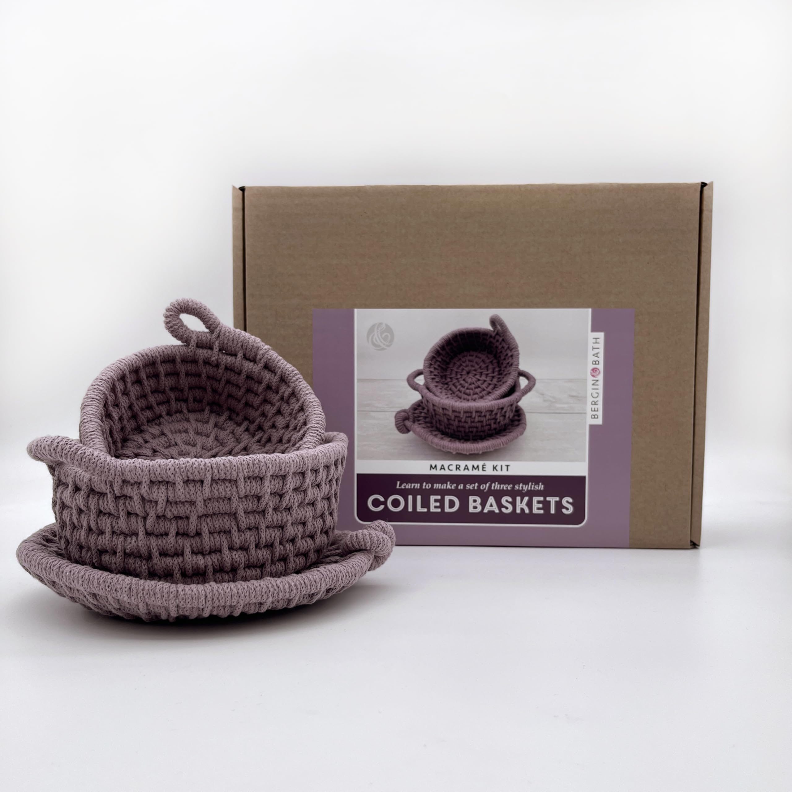Bergin & Bath Mauve Macrame Kit, Coiled Baskets - Learn To Make A Trio Of Stylish Baskets - Gift For Her, For Mum - Craft Kit For Adults And Teens