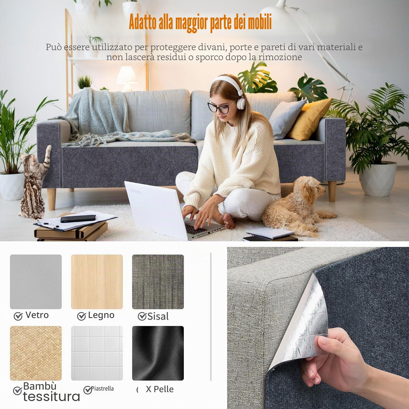 Tappeto Tiragraffi Per Gatti 300 * 40cm Autoadesivo Antigraffio Gatto Divano, DIY Climbing Cat Scratcher, Parete per Gatti Torre per Proteggere Tappeti Divani Grigio