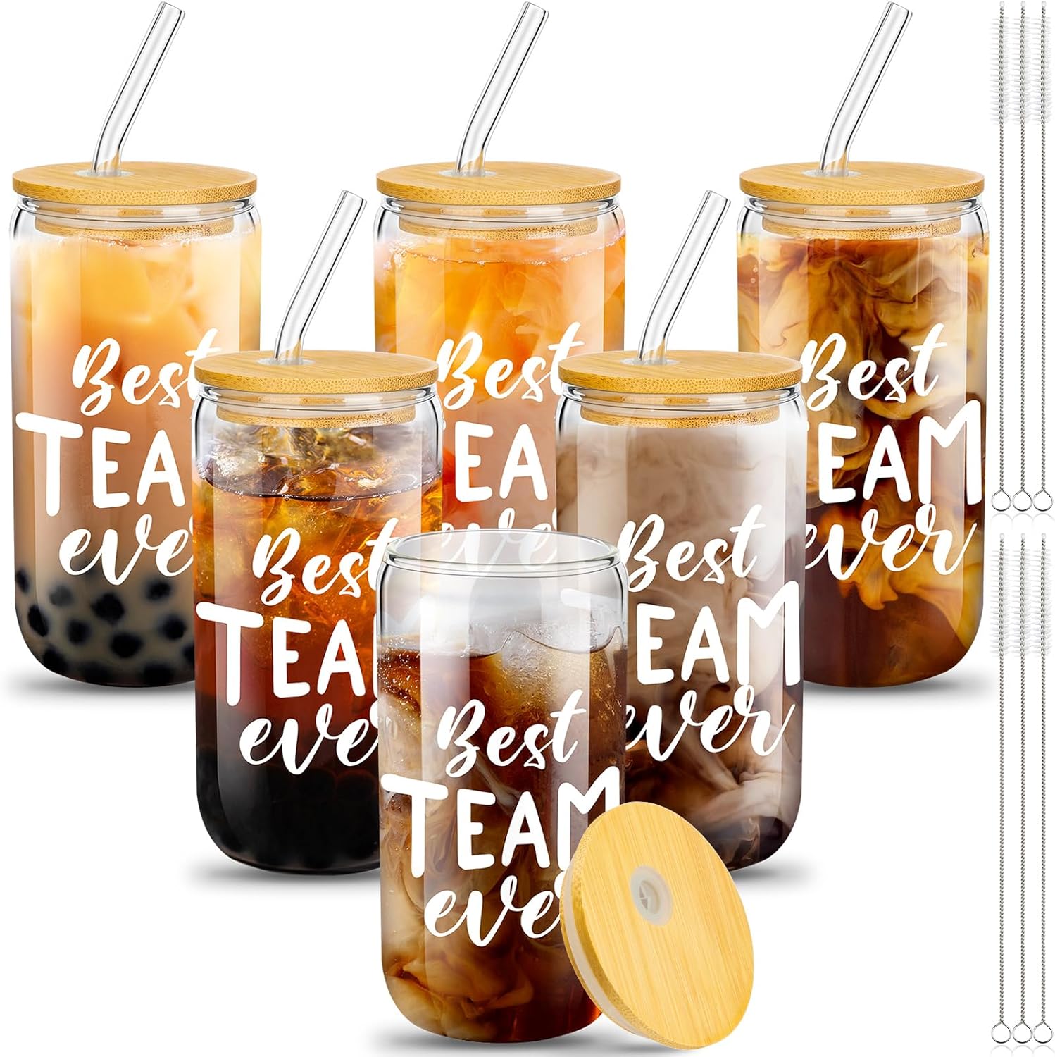 6 Set Employee Appreciation Gifts Team Thank You Gifts for Staff Coworker Team 16 oz Can Shaped Beer Glass Cups with Lids Straws Brushes for Christmas Teacher(Novelty Style)