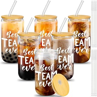 6 Set Employee Appreciation Gifts Glass Cups, Novelty Style | Employee Appreciation Gifts Bulk Thank You Gifts for Staff Coworker Team, Glass with Lids Straws Brushes, Thanksgiving Xmas