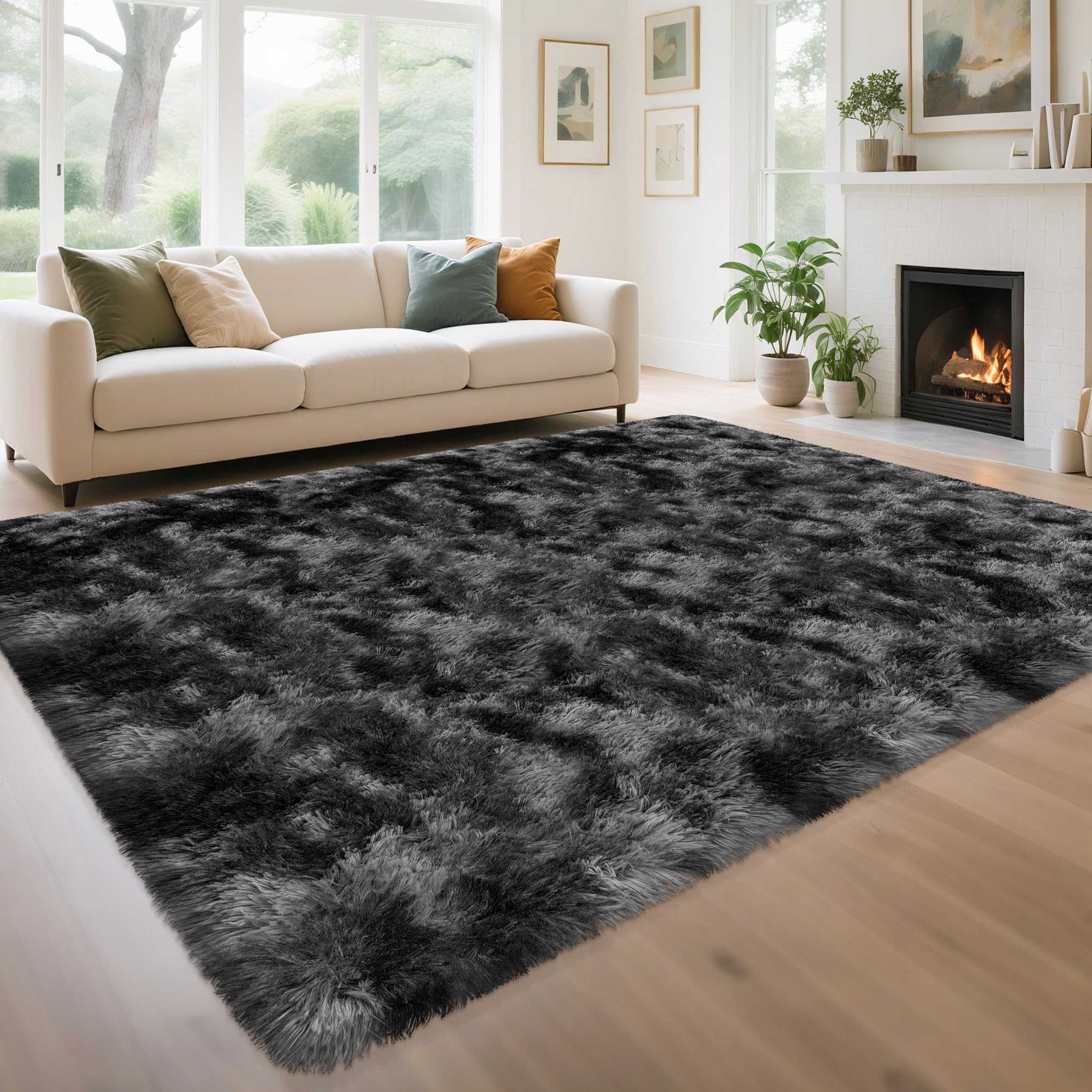 TENNOLA Soft Shaggy Rugs for Bedroom Living Room, 6x9 Tie-Dyed Dark Grey and Black Rug Plush Fuzzy Fluffy Carpet Indoor Modern Shag Area Rug for Kids