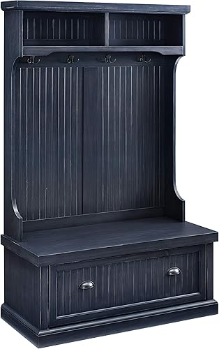 Crosley Furniture Árbol de pasillo con zapatero y ganchos para colgar abrigos, color azul marino envejecido