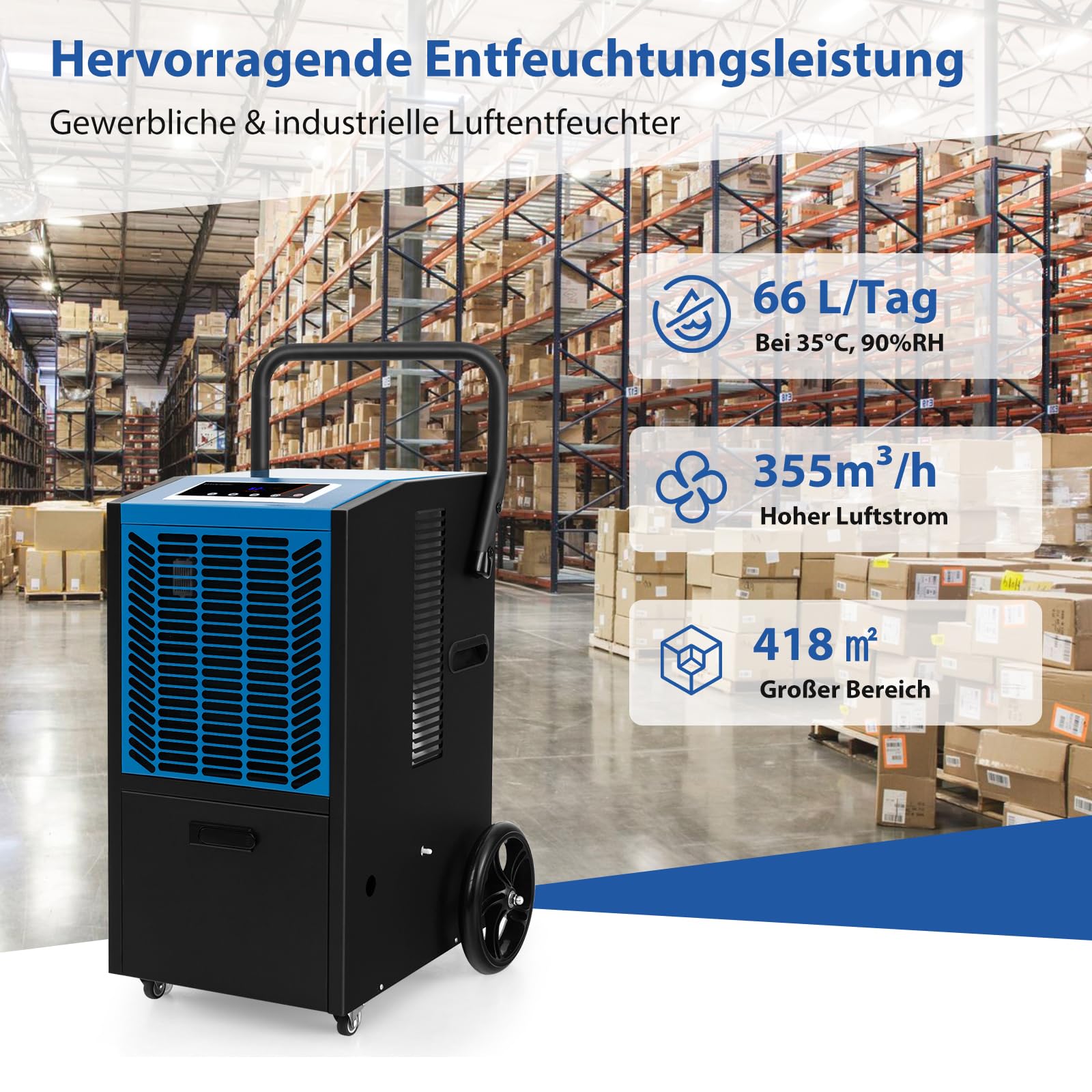 SOARS Deumidificatore Elettrico 66L/Giorno, Deumidificatore Professionale con Pompa di Scarico Automatica, Tubo di Scarico, Filtro Rimovibile, per Cantine, Magazzini, Scantinati (Nero+Blu)