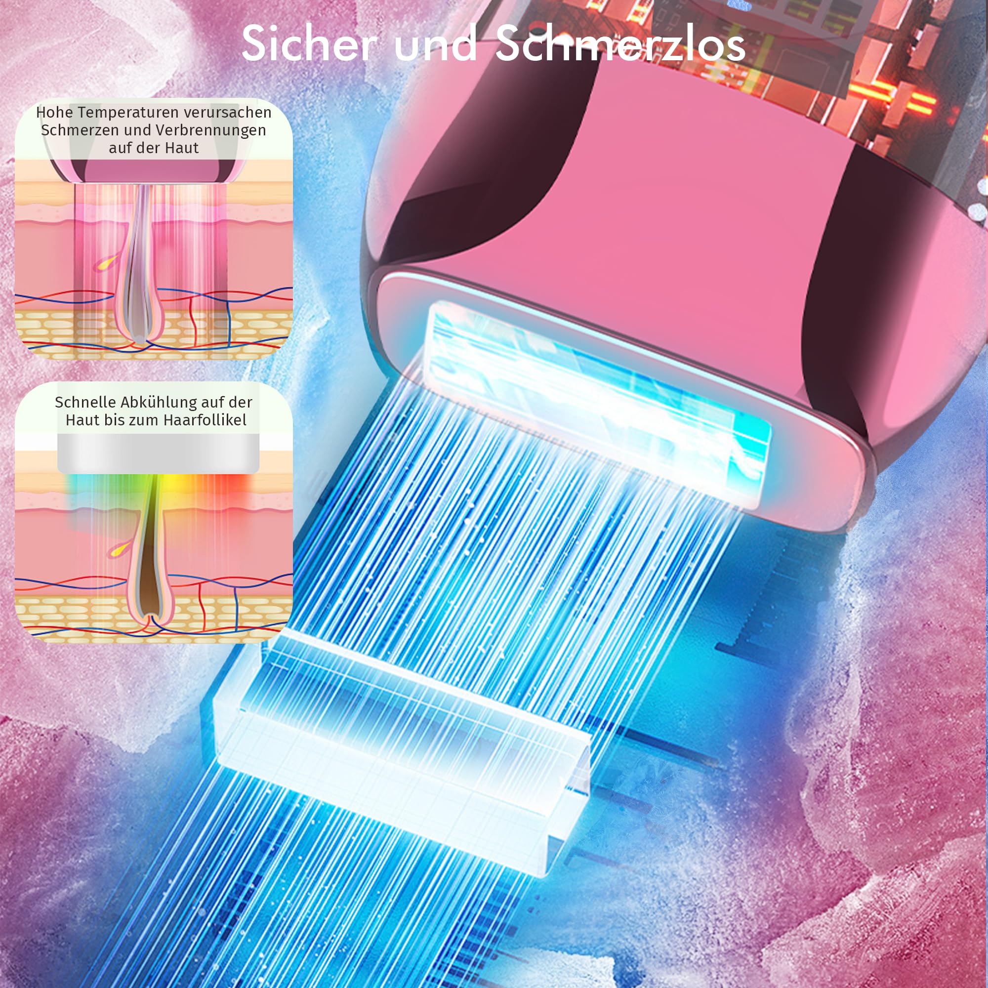 IPL Geräte Haarentfernung mit Kühlung Funktion, Schmerzfreie Laser Haarentfernungsgerät zu Hause 5 Energiestufen für Gesich Bikinibereich Körper - Rosa