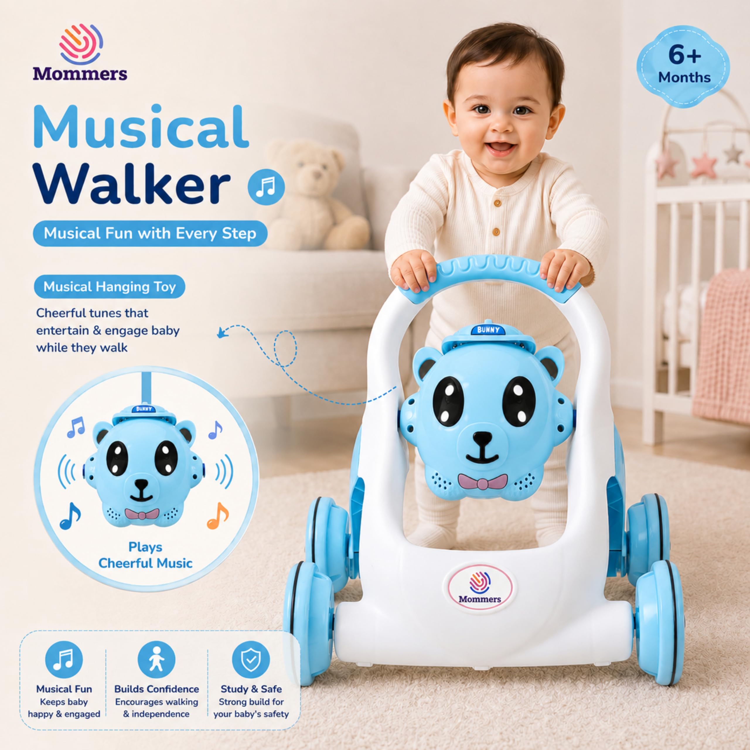 Mommers Baby Walker Musical Push Support with Wheels & Handle | Cute Design Activity Walker for Toddlers | Balanced Wheels Walker | Indoor Play 1