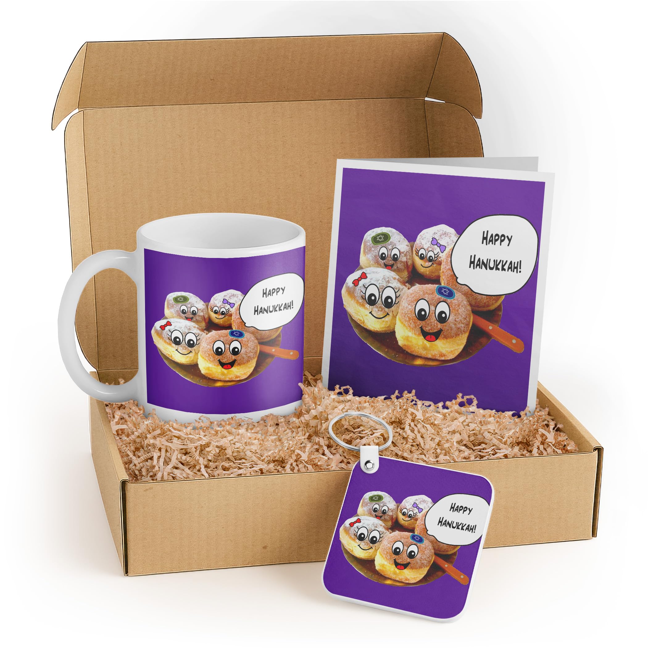 3dRose Hanukkah Gift Set for Kids - Colorful Mug, Card, and Keychain Featuring Cartoon Jewish Donuts - Perfect for Holiday Celebrations and Friends