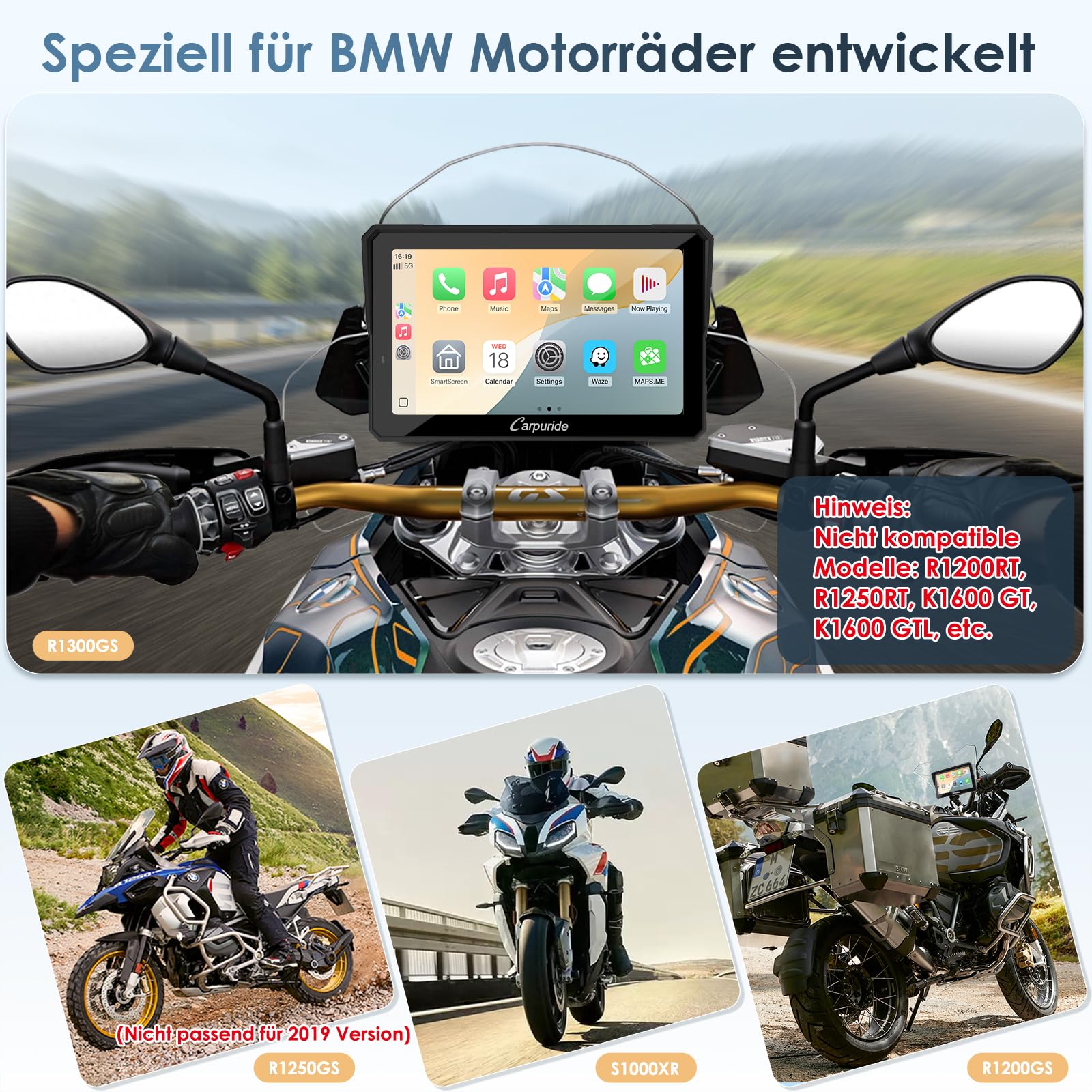 Carpuride W702BS Pro Motorrad Carplay Bildschirm mit Nativ Wonder Wheel für BMW Motorrad, Kabelloses CarPlay & Android Auto, 7" Wasserdichter Touchscreen, Dual Bluetooth, Gegensprech, Datenauslesung.