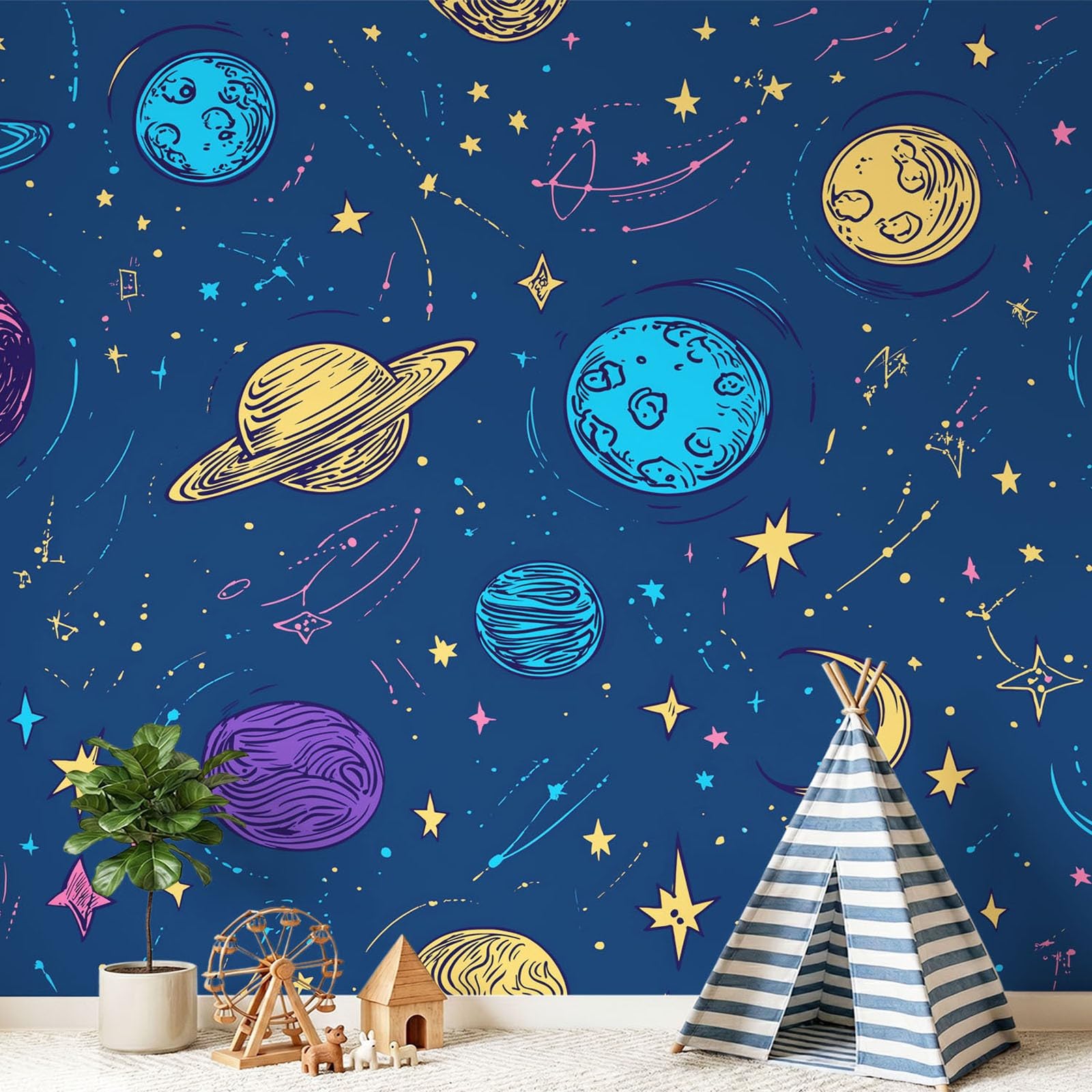 Tapeta 3D z kreskówki, marzycielska, romantyczna 300 x 210 cm, mural ścienny, planeta, księżyc, tapeta do sypialni, przedszkola, malowniczego ogrodu, wisząca